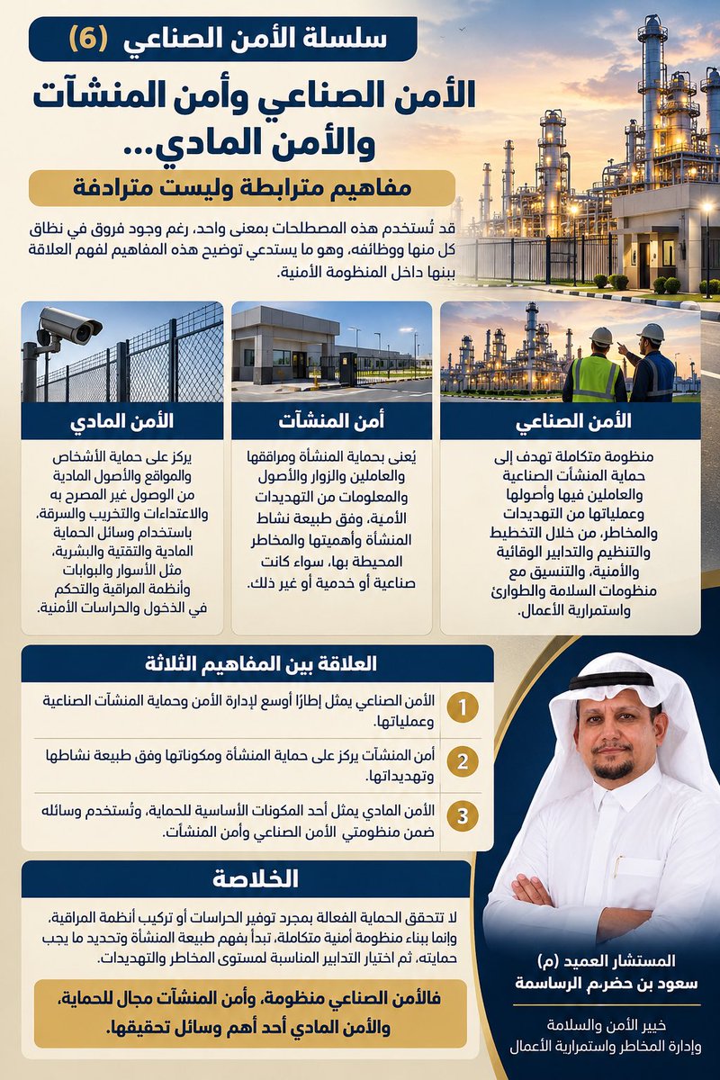 Saudhe8Saud's tweet photo. سلسلة الأمن الصناعي (6)

الأمن الصناعي وأمن المنشآت والأمن المادي… مفاهيم مترابطة وليست مترادفة

قد تُستخدم مصطلحات الأمن الصناعي وأمن المنشآت والأمن المادي بمعنى واحد، رغم وجود فروق في نطاق كل منها ووظائفه، وهو ما يستدعي توضيح هذه المفاهيم لفهم العلاقة بينها داخل المنظومة الأمنية.

أولًا: الأمن الصناعي

هو منظومة متكاملة تهدف إلى حماية المنشآت الصناعية والعاملين فيها وأصولها وعملياتها من التهديدات والمخاطر، من خلال التخطيط والتنظيم والتدابير الوقائية والأمنية والتنسيق مع منظومات السلامة والطوارئ واستمرارية الأعمال.

ثانيًا: أمن المنشآت

يُعنى بحماية المنشأة ومرافقها والعاملين والزوار والأصول والمعلومات من التهديدات الأمنية، وفق طبيعة نشاط المنشأة وأهميتها والمخاطر المحيطة بها، سواء كانت صناعية أو خدمية أو غير ذلك.

ثالثًا: الأمن المادي

يركز على حماية الأشخاص والمواقع والأصول المادية من الوصول غير المصرح به والاعتداءات والتخريب والسرقة، باستخدام وسائل الحماية المادية والتقنية والبشرية، مثل الأسوار والبوابات وأنظمة المراقبة والتحكم في الدخول والحراسات الأمنية.

العلاقة بين المفاهيم الثلاثة

1- الأمن الصناعي يمثل إطارًا أوسع لإدارة الأمن وحماية المنشآت الصناعية وعملياتها.

2- أمن المنشآت يركز على حماية المنشأة ومكوناتها وفق طبيعة نشاطها وتهديداتها.

3- الأمن المادي يمثل أحد المكونات الأساسية للحماية، وتُستخدم وسائله ضمن منظومتي الأمن الصناعي وأمن المنشآت.

الخلاصة

لا تتحقق الحماية الفعالة بمجرد توفير الحراسات أو تركيب أنظمة المراقبة، وإنما ببناء منظومة أمنية متكاملة، تبدأ بفهم طبيعة المنشأة وتحديد ما يجب حمايته، ثم اختيار التدابير المناسبة لمستوى المخاطر والتهديدات.

فالأمن الصناعي منظومة، وأمن المنشآت مجال للحماية، والأمن المادي أحد أهم وسائل تحقيقها.