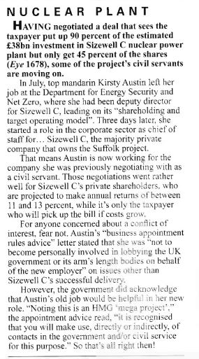 SayNo2SizewellC's tweet photo. Nuclear's revolving doors exposed by @PrivateEyeNews "...Austin is now working for the company she was previously negotiating with as a civil servant. Those negotiations went rather well for Sizewell C's private shareholders...the taxpayer who will pick up the bill if costs grow" https://t.co/hTmCiIHckj