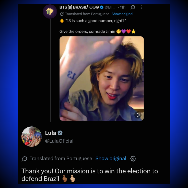 TheePopCore's tweet photo. Brazilian President Lula replied to a post about Jimin mentioning his special number "13" during his recent live.

— “Thank you! Our mission is to win the election to defend Brazil 🫰🏾🫰🏼”

Context: 13 is the official ballot number of President Lula’s political party in Brazil. https://t.co/GDMQZRwBBx