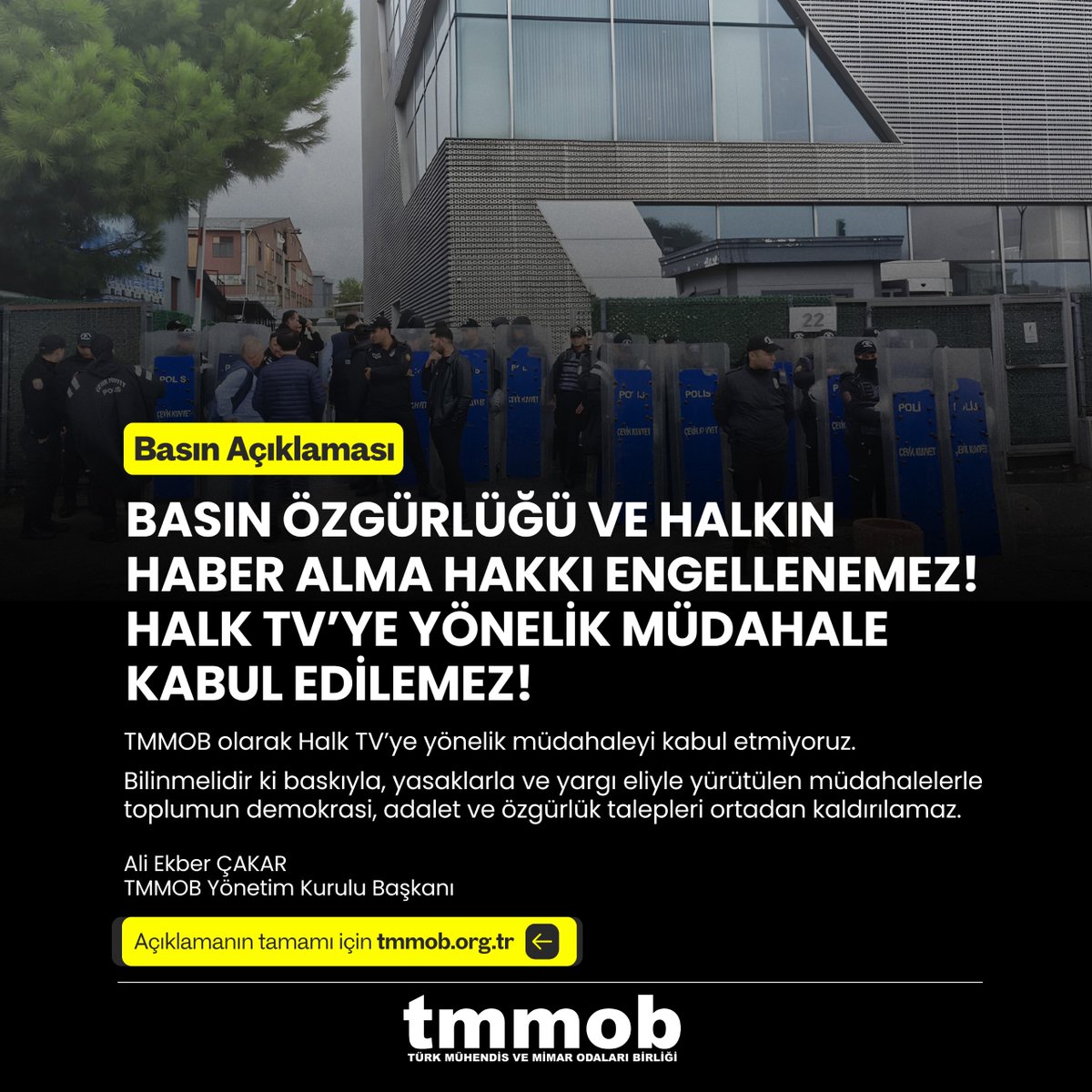TMMOB1954's tweet photo. BASIN ÖZGÜRLÜĞÜ VE HALKIN HABER ALMA HAKKI ENGELLENEMEZ!
HALK TV’YE YÖNELİK MÜDAHALE KABUL EDİLEMEZ!

Bu sabah Halk TV binasına düzenlenen polis baskını, kanala kayyum atanması, yayınların kesilmesi ve soruşturma kapsamında gerçekleştirilen gözaltılar, ülkemizde demokratik hak ve özgürlüklere yönelik baskıların ulaştığı boyutu bir kez daha gözler önüne sermiştir.

TMMOB olarak Halk TV’ye yönelik müdahaleyi kabul etmiyoruz. Kanala atanan kayyum derhal kaldırılmalı, yayın faaliyetlerinin önündeki engeller sonlandırılmalı, operasyon kapsamında gözaltına alınanlar serbest bırakılmalıdır.

Açıklamanın tamamına web sitemizden ulaşabilirsiniz.
https://t.co/FEO96hUJm0