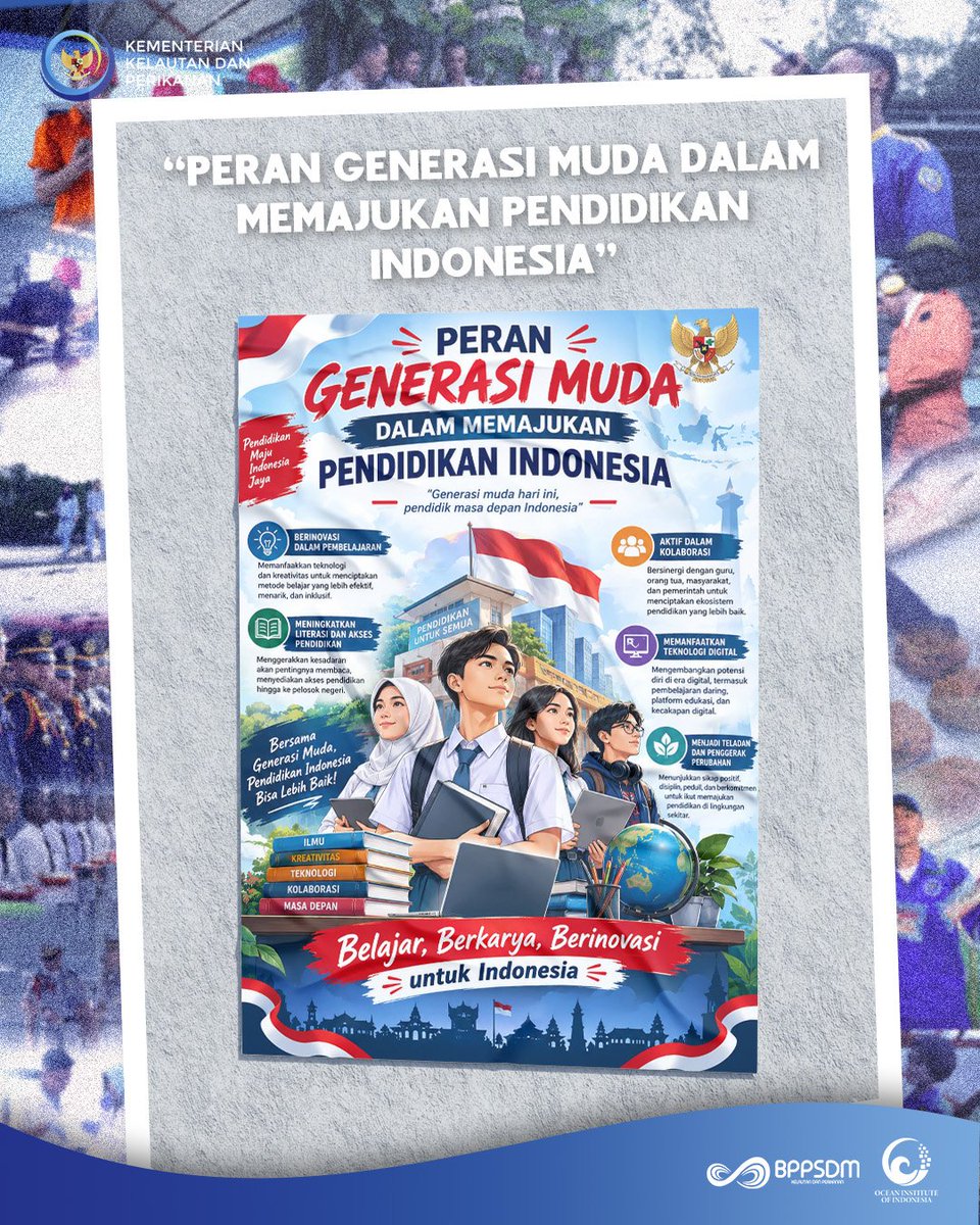 bppsdm_kp's tweet photo. #SobatBahari, prestasi membanggakan kembali ditorehkan #TarunaOII kampus Sidoarjo @oii_sidoarjo Muhammad Padli, pada Lomba Poster Nasional Tahun 2026 yang diselenggarakan oleh Fikom Universitas Katolik Santo Thomas dengan tema Pendidikan Indonesia.

Mengangkat judul “Peran Generasi Muda dalam Memajukan Pendidikan Nasional”, karyanya menjadi wujud kreativitas sekaligus kepedulian terhadap masa depan pendidikan bangsa. Terus asah potensi, lahirkan ide-ide inspiratif, dan jadikan setiap karya sebagai jalan menuju prestasi berikutnya! Semangat, ya. 😊

#KKPGOID #SaktiWahyuTrenggono #OceanInstituteOfIndonesia #SDMKP @kkpgoid @saktitrenggono @in_radiarta @bppsdm_pusdikkp