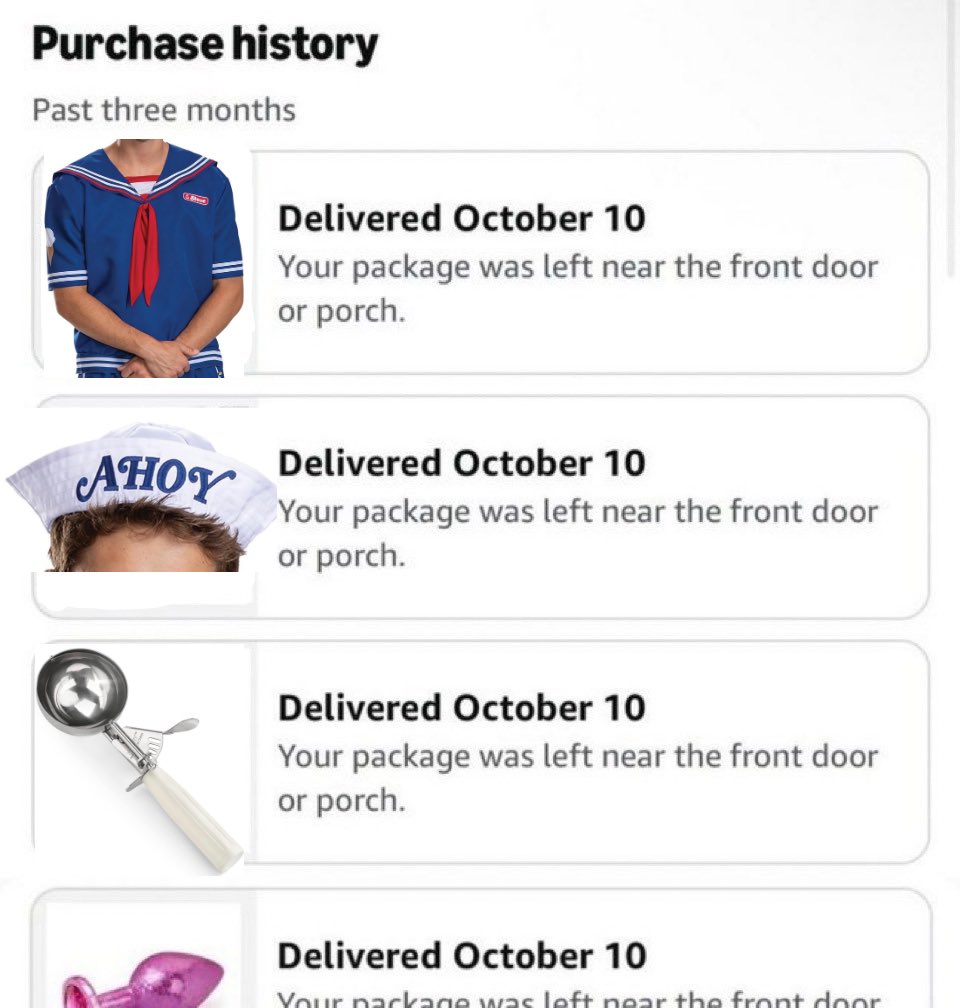 gravegardenia's tweet photo. hope whoever stole my amazon package was also planning to go as Steve Harrington for halloween https://t.co/Ya4ZQ5tuTW