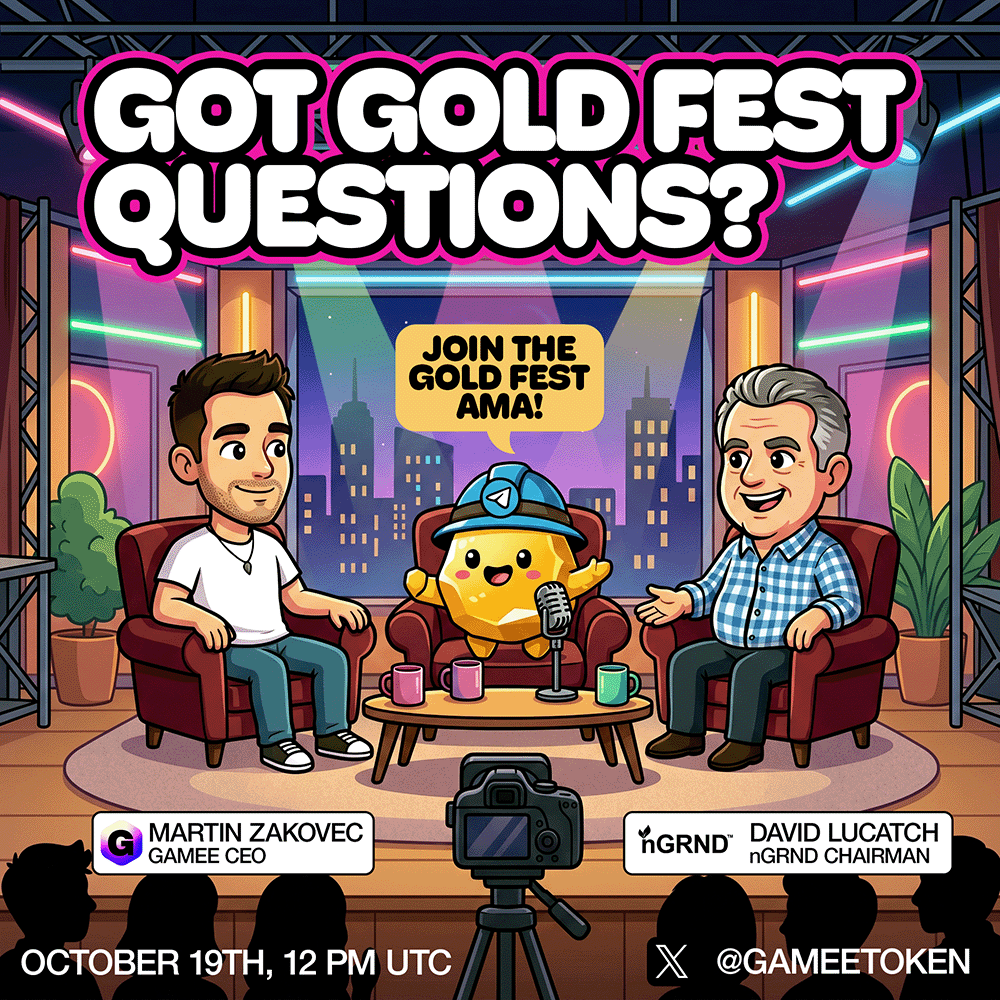GoldFestGame's tweet photo. 🎙 Next Week: Gold Fest AMA!

Got questions? 👀 You'll have the chance to ask them directly to GAMEE CEO Martin Zakovec and @nGRND_io  Chairman David Lucatch in our live Gold Fest x nGRND AMA. 💬

🗓 Monday 19th October, 12 PM UTC
📍 Live on the @GAMEEToken channel

See you there! 😎