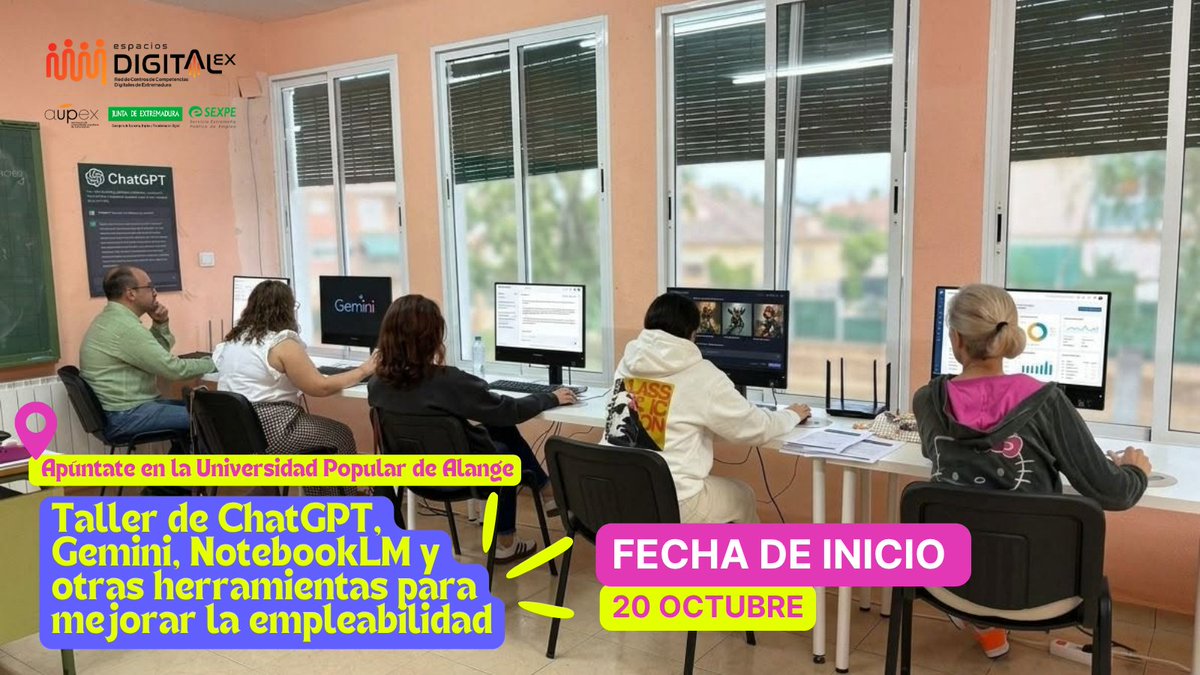 EsDigitalex's tweet photo. 🟠Taller de #ChatGPT #Gemini #NotebookLM y otras herramientas para mejorar la empleabilidad:

Impulsa tus proyectos o negocio
Crear y mejora tu currículum
Prepara entrevistas de trabajo

📍Alange
✍️Inscríbete en la Universidad Popular o en el correo dolores@espaciosdigitalex.org https://t.co/stXZMtDQdZ