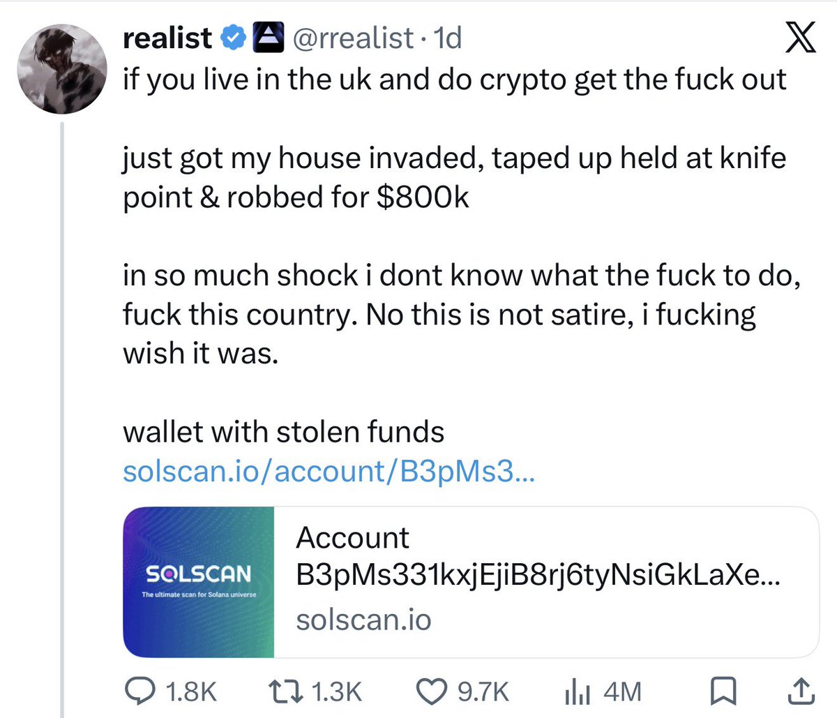 Straya_'s tweet photo. This guy made $800,000 by one click rugging meme coins 😳

Earlier this week he was just robbed at knife point for every dollar in the UK

No one deserves this but look at the type of coins he would one click rug pull. 

- 3x coins for Ronald Adams, a stellantis mechanic who was crushed in an engine plant
- 7x coins for Renee Nicole Good, who was shot by ICE
- a coin about 11 year old Lyhanna who was murdered in france
- 2x coins for DJ rose and his friend Samson who were shot dead in florida
- 2x coins for Lindsay Clancy's kids
- a coin for gunmen kidnapping kids in nigeria
- 2 coins for 168 people dying in the fire at Wang Fuk Court high rise in Hong Kong

Again no one deserves this but this is Khama at its finest.