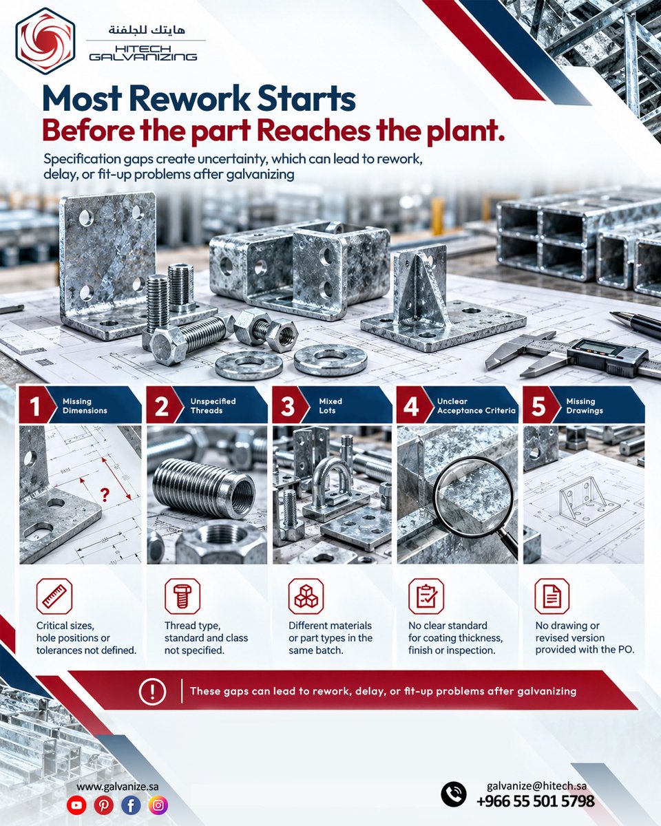 spingalvanizing's tweet photo. Most Rework Starts Before the Part Reaches the Plant.
✔ Thread type & standard
✔ Material & part type
✔ Coating requirements
✔ Latest drawings
📍 Riyadh, Saudi Arabia
📧 galvanize@hitech.sa
📞 +966 55 501 5798
🌐 https://t.co/Bgr97OAK8X
#HitechGalvanizing #SpinGalvanizing https://t.co/CdqwkVCmy3