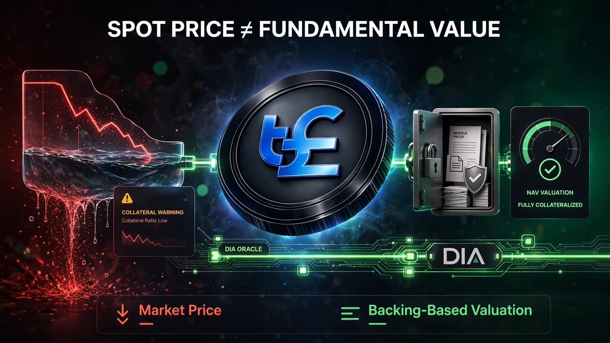 Pankujasrotia11's tweet photo. Why do so many synthetic assets and stablecoins depeg on paper during market volatility?

Because oracles are pricing them from secondary DEX pools with shallow liquidity.

If an asset has $50M in backing but only $100k in Uniswap pool depth, a single large sell-off triggers bogus liquidations across lending protocols.

Enter ethereum:0x84ca8bc7997272c7cfb4d0cd3d55cd942b3c9419  Fundamental Feeds:
Instead of tracking spot trades on volatile AMMs, the oracle calculates asset valuation directly from:
- On-chain proof of reserves
- Collateral backing ratios
- Net Asset Value (NAV)

We saw this in practice with tGBP and Vetro’s VUSD/sVUSD: pricing by collateral backing, not shallow secondary trading.

Spot pricing vs. NAV-based backing: which should isolated lending markets prioritize? @DIAdata_org