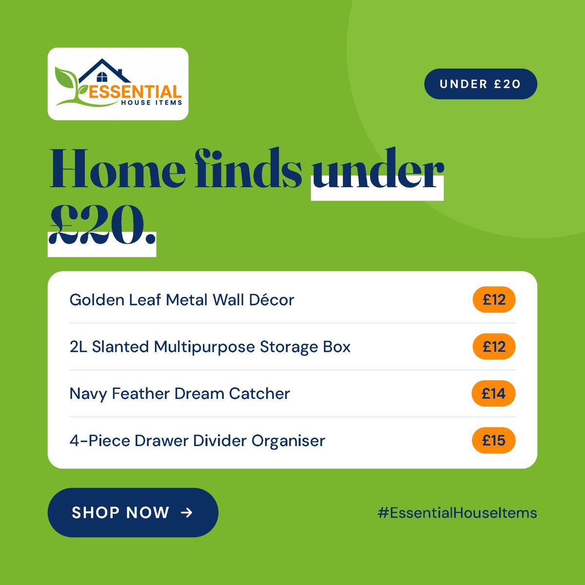EssHouseItems's tweet photo. Home finds under £20 💷 From our Golden Leaf Metal Wall Décor at £12 to a 4-Piece Drawer Divider Organiser at £15, small prices make a big difference.
https://t.co/qx2Zqs6RkY
#EssentialHouseItems #HomeUnder20 #BudgetHome https://t.co/II8nsfNQW9