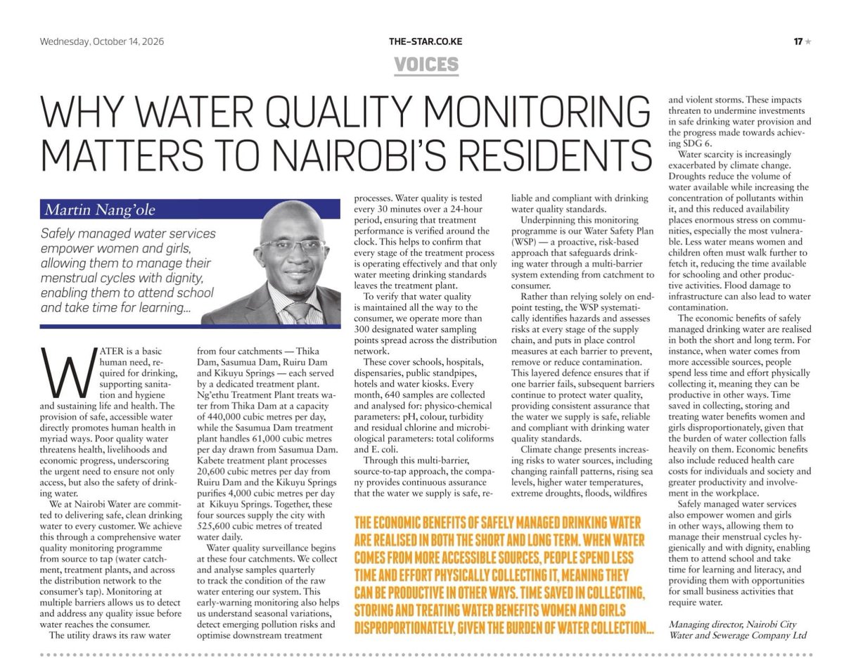 NairobiWater's tweet photo. #TheExplainer: Why does Water Quality Monitoring Matter?
​Nairobi Water Managing Director, Martin Nang'ole, explains how rigorous testing ensures the delivery of safe, clean drinking water to Nairobi residents.
​#EnablingQualityLiving https://t.co/9SerlHRQTN