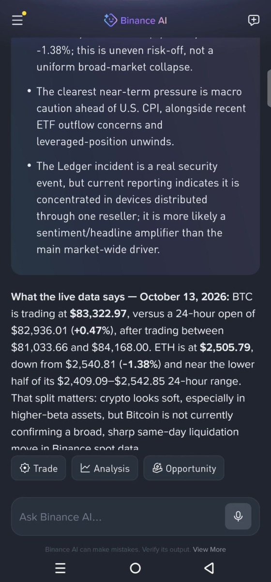 Loreano_A's tweet photo. To improve:
1) Length: a "short answer" option would help on a phone.
2) The market answer put ETH ($2,505.79) in the lower half of its 24h range ($2,409.09-2,542.85). It's at 72%, so the upper half.
3) The exchange answer showed no sources, unlike the other two.
#BinanceAI https://t.co/IZTFHRRyo6