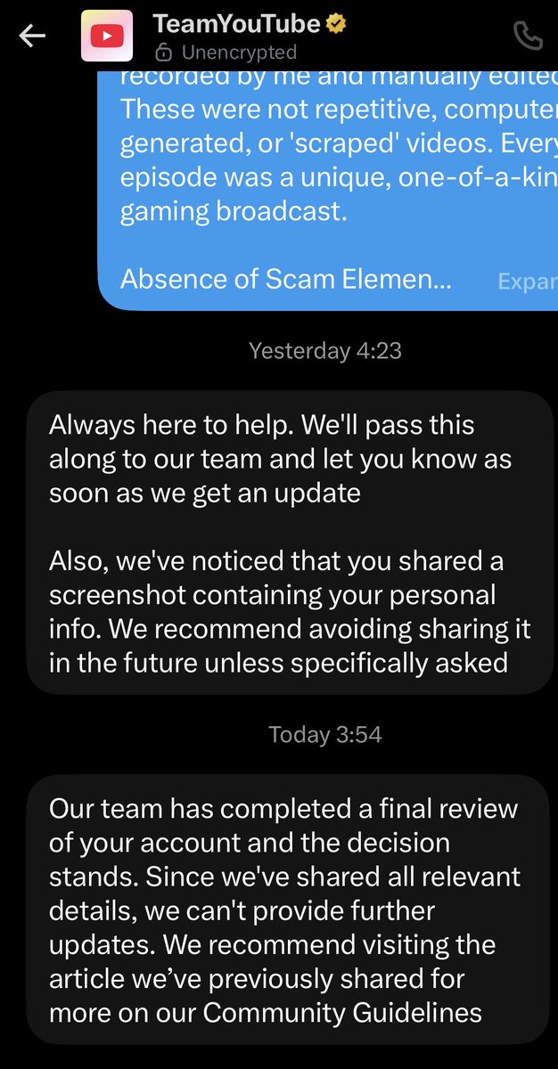 pepalikestech's tweet photo. @TeamYouTube 
I haven't been even given a reason for this. A legal agency and my lawyer proved you guys are breaking the law. I need a human review! I'm loosing YEARS of hard work due to a bot mistake... https://t.co/g3rhBykwnc