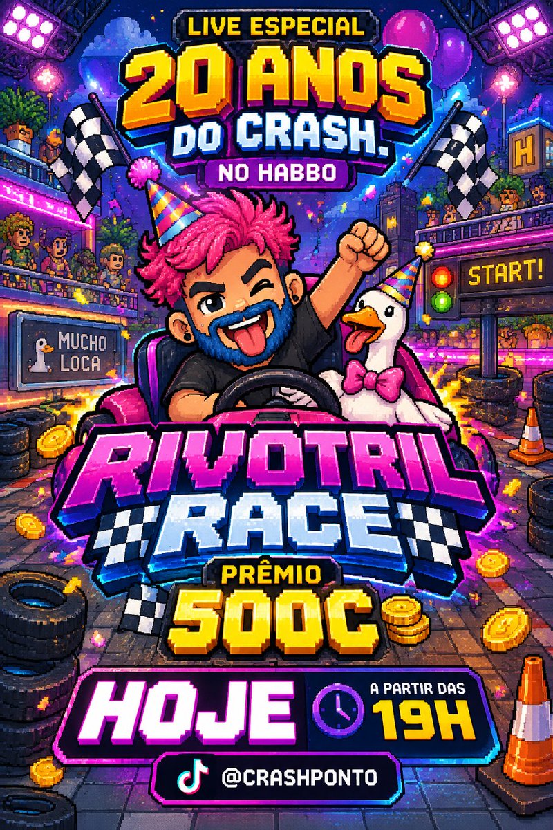 Crashponto's tweet photo. 🎂 HOJE! 20 ANOS DO CRASH NO HABBO! 🎮

🏁 Corridão valendo 500c
🎁 18 perguntas premiadas
📦 Até 24 Caixas HC
💰 Doação de 1c 
🕖 19h (Brasília)
🏁 Corridão às 20h (Brasília)
🔴 TikTok: @crashponto
❤️ RT e marque seus amigos! #Habbo https://t.co/msGy6DUoKx