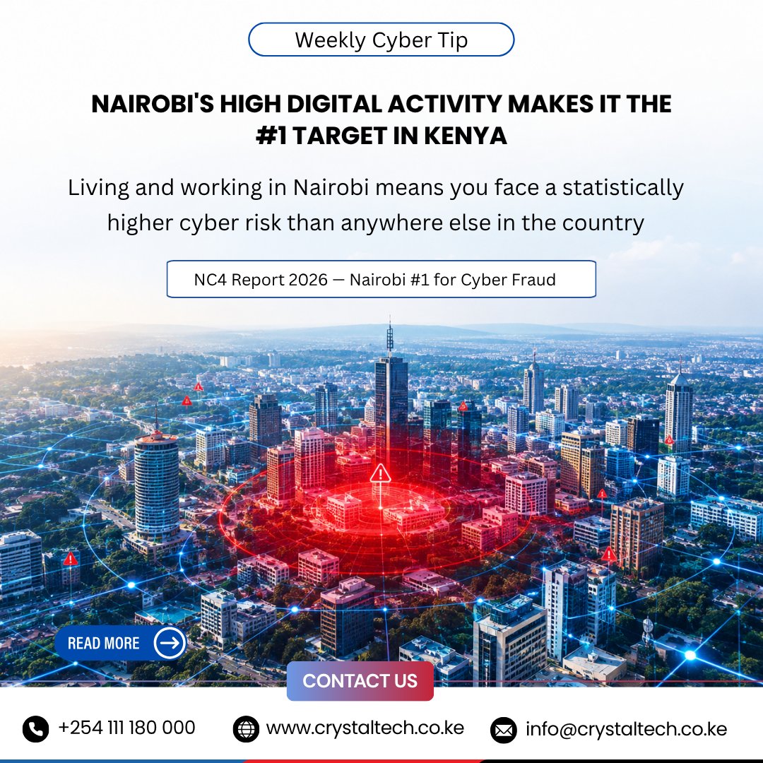 CrystalTechKe's tweet photo. Nairobi is a growing cybercrime hotspot in East Africa. Payment fraud, unauthorised access and computer fraud are key threats.

Protect your digital accounts like you protect your home or office. Stay alert. Stay secure.

#NairobiCyberRisk #CyberSafeNairobi https://t.co/0BYyoTa0Zw