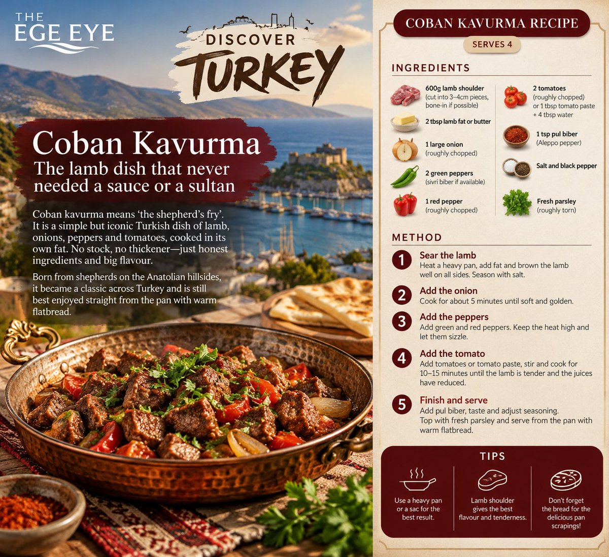 TheEgeEye's tweet photo. DISCOVER TURKEY | Coban Kavurma
A dish rooted in the simplicity of Anatolian shepherd life. 🥘

Coban kavurma brings together lamb, onions, peppers and tomatoes, cooked in their own fat for a rich, smoky flavour. No elaborate sauce, no royal origins — just honest Turkish cookin https://t.co/kjFDI4eiEp