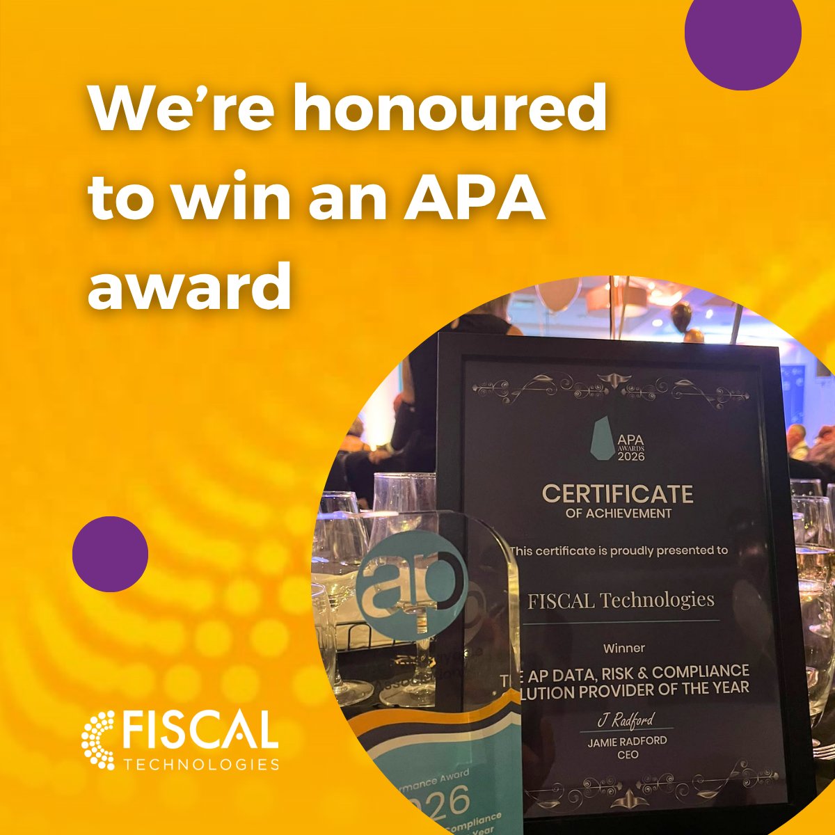 FISCALTec's tweet photo. We are so pleased to announce that FISCAL have won the Accounts Payable Association Partner Award for AP Data, Risk and Compliance Solution Provider of the Year!

We are beyond thrilled at FISCAL HQ. Thank you to our nominator, our customers, and the staff who make it possible. https://t.co/ehOcDgPmQk