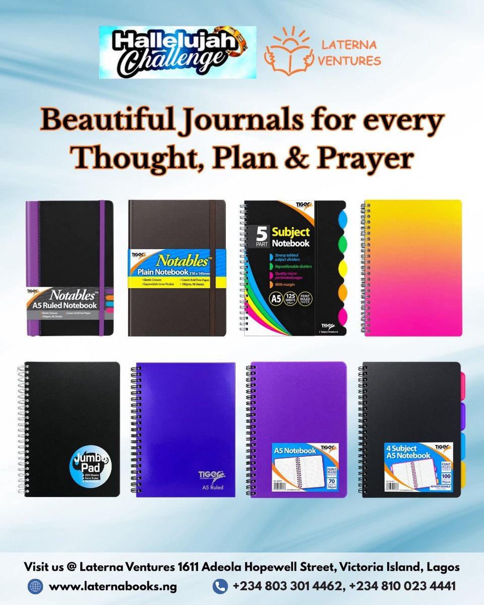 laternabooksng's tweet photo. 📖✨ Your Hallelujah Challenge essentials are here!

From beautiful prayer journals to Bibles for every season, find what you need to deepen your study, document your prayers and grow in your walk with God. 🧡🙌🏽

Explore our collection:
🌐 https://t.co/Za28bpuKYH

📍 Plot 1611 Adeola Hopewell Street, Victoria Island, Lagos
📲 +234 803 301 4462 | +234 810 023 4441

Join our WhatsApp Channels for more:
🔗 https://t.co/uUqhcvZsA1
🔗 https://t.co/MVE0w65MgJ

#LaternaBooks #HallelujahChallenge2026 #BibleStudy #NathanielBassey
