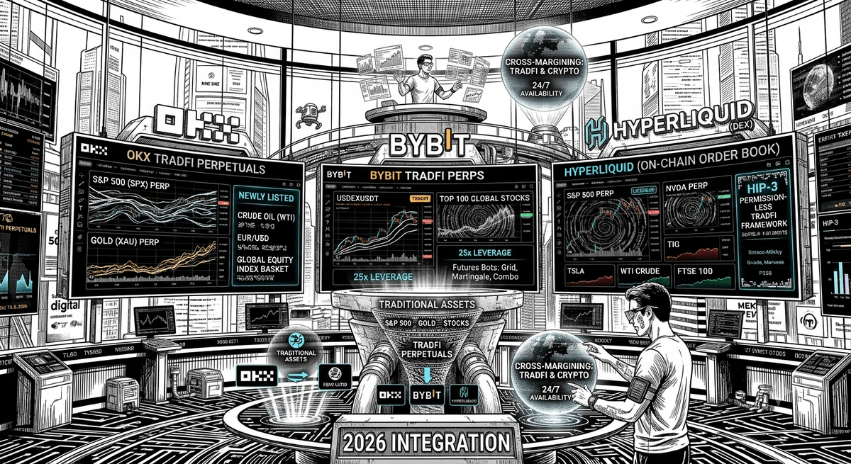 VectorTraders1's tweet photo. TradFi perps are accelerating into mainstream listings. OKX is rolling out four new equity-linked contracts today, Bybit already carries 250+ TradFi perps with roughly $180B in cumulative volume since March, and pre-IPO names like Anthropic have drawn $57M in open interest across venues (implying $2T+ valuations).Hyperliquid still leads on-chain with ~$48B in 7-day volume, ahead of Kalshi and https://t.co/VQfousyNcy, while RWA perps continue to close the gap with pure-crypto notional—equities and commodities now clear meaningful size 24/7, including weekends when cash markets are closed. Funding remains mixed to negative on majors as pure-crypto leverage stays cautious post-10/10, but the product expansion itself is structural: single-stock, index, commodity, and pre-listing perps are becoming standard infrastructure rather than experiments.The no-expiry, funding-rate model is migrating from offshore crypto venues into both CEX TradFi desks and regulated onshore platforms.#PerpetualFutures #Hyperliquid #RWA #TradFi #Crypto