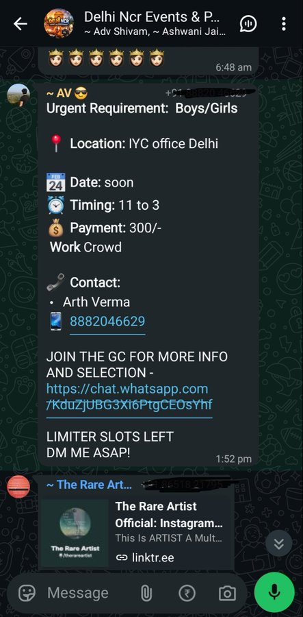 jignesh03011976's tweet photo. कांग्रेस के लिए भीड़ इकट्ठा करनी हैं…

300/- रुपये मिलेंगे…

दोपहर 11 बजे पहुँच जाना 

यूथ कांग्रेस ऑफिस दिल्ली…

ये असलियत है कांग्रेस की…😂😂

लाखों की भीड़ इकट्ठा हो गई… राहुल गांधी की एक आवाज़ पर…😂

पैसा दे देकर… मुश्किल से दो हज़ार लोग इकट्ठा कर पाए थे…

और कहते हो देश का युवा ग़ुस्से में हैं…

12 साल की सत्ता विरोधी लहर के बाद भी…

अगर कांग्रेस को पैसा देकर भीड़ इकट्ठा करनी पड़ रही है…

इससे तो अच्छा राहुल गांधी राजनीति छोड़कर फ़ूड व्लॉगर बन जाए…

उसमें ज़्यादा स्कोप है…😂
