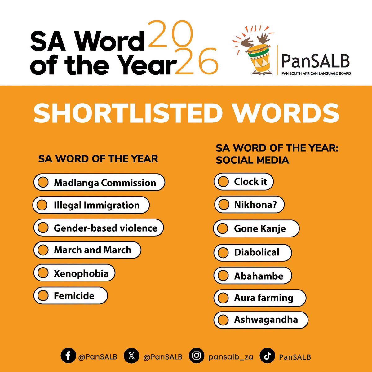 PanSALB's tweet photo. Goeiemôre Mzansi! 🇿🇦

Here are the terms that have influenced conversations across both mainstream and social media platforms. Among these are femicide, March and March, clock it, #MadlangaCommission and nikhona +27? Which of these deserves the title of South Africa’s Word of the Year?
#InternationalDictionaryDay #OneNationManyLanguages