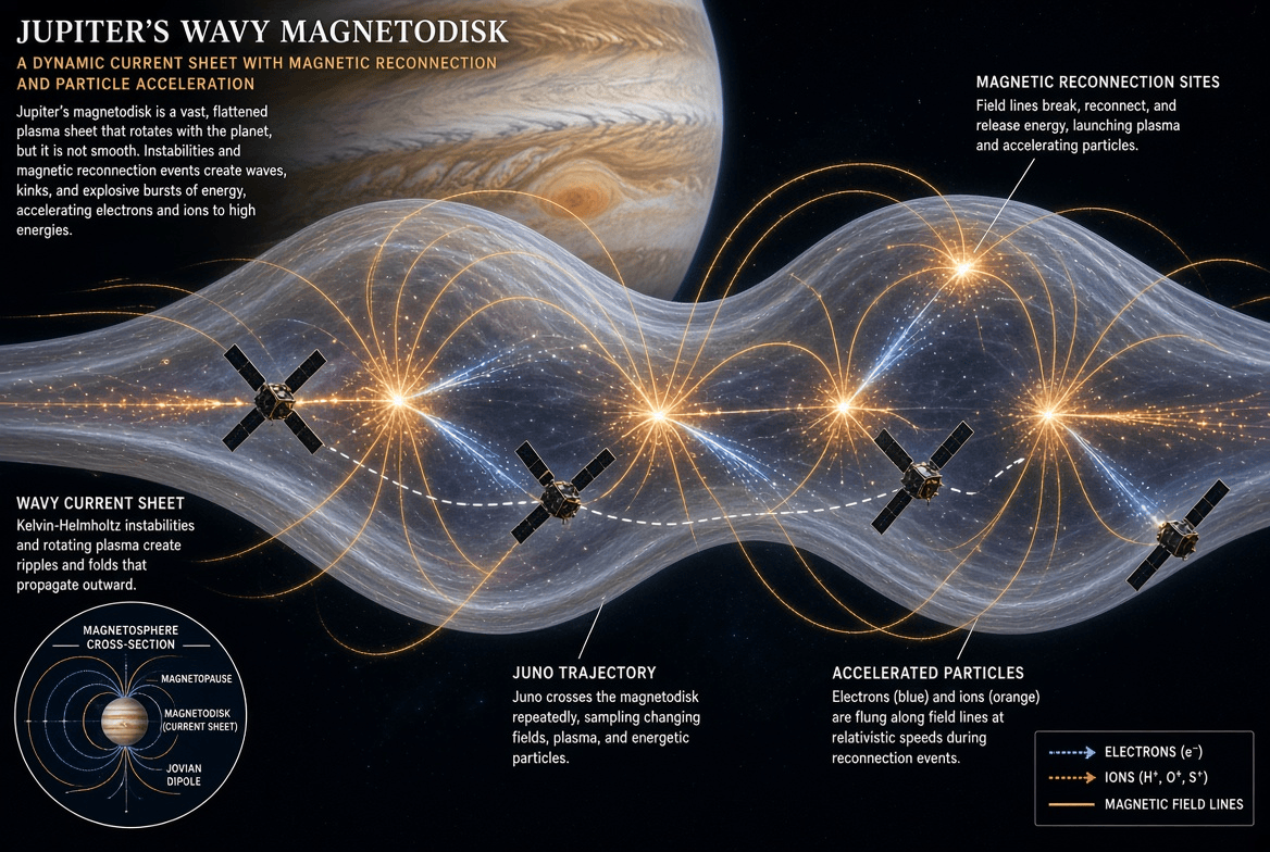 konstructivizm's tweet photo. Jupiter’s Wavy Magnetodisk: Juno Catches Ripples in the Current Sheet 🌊🛰️

Jupiter has a “magnetodisk”—a flat, pancake-like region of its magnetosphere where electric current flows and charged particles race around. Fresh data from the Juno spacecraft show that this disk doesn’t just spin with the planet. It wrinkles, sways, and ripples like fabric in the wind, and the whole structure keeps changing as it goes.

Normally Juno crosses the current sheet only twice during each of Jupiter’s rotations (about 9.9 hours). During strong magnetic-reconnection events, though, the probe sliced through the sheet many times—and each time it recorded the same magnetic “signature,” accompanied by bursts of accelerated electrons and ions. The analysis reveals that the layer is oscillating in waves whose periods range from a few minutes to an hour or more. Scattered across the disk are numerous small reconnection sites stretching over roughly 100° of longitude. These sites tear magnetic field lines, shove the sheet around, and displace it, while Jupiter’s rapid rotation carries the entire “crumpled” structure along in a circle.

Unlike Earth’s magnetotail, where a kink wave simply travels away from its source, at Jupiter the current sheet itself is wavy and rotating—like a giant ripple that the planet keeps spinning around with it.