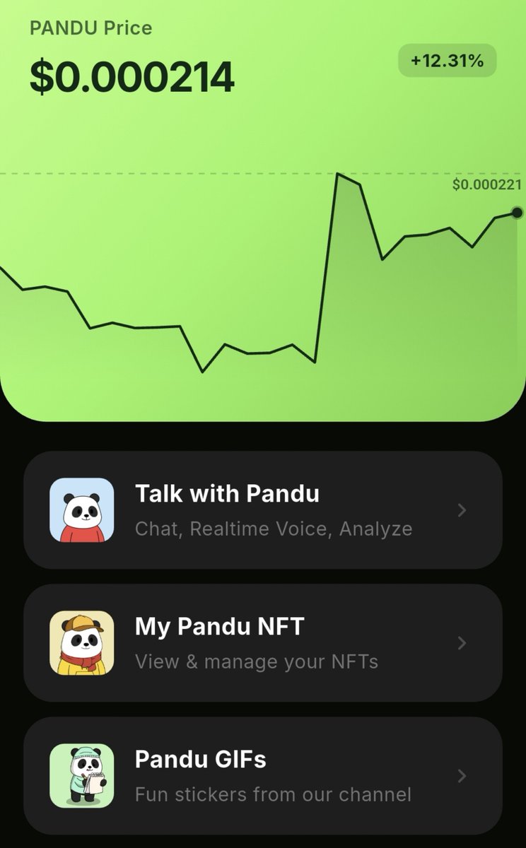 pandulabs's tweet photo. 🐼 Have you tried the $Pandu AI app yet?

💬 Talk with Pandu using voice or chat and let him help answer your questions!
📊 Check the chart
🖼️ Explore NFTs
😂 Enjoy Pandu GIFs

Your personal AI panda buddy is ready to chat, help, and entertain you!

📱 Available on iOS, Google Play & Solana Mobile!

Meet Pandu and experience your AI buddy today! 🐼💚
