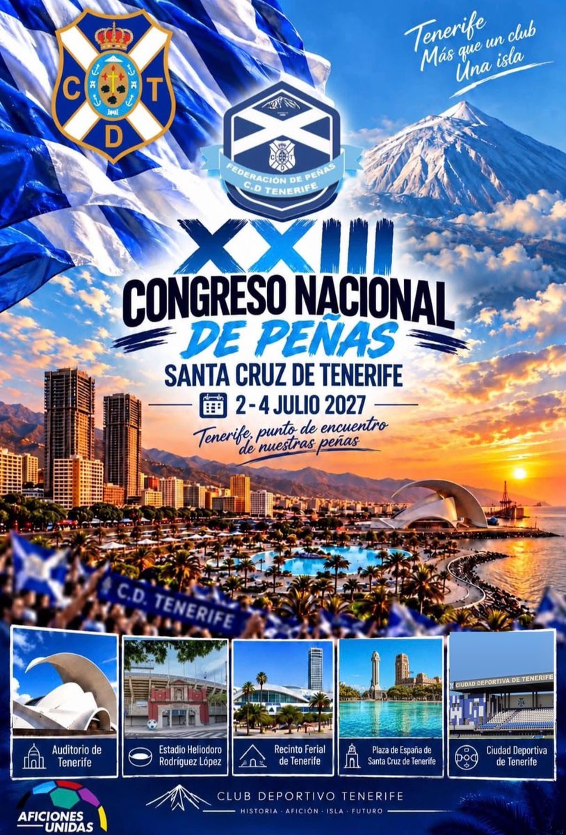 fpcdtenerife's tweet photo. TENERIFE será la sede del Congreso nacional de peñas 2027.

Nuestra isla acogerá a centenares de aficionados de todo el país, con la colaboración del Gobierno de Canarias, @santacruz_ayto, @CabildoTenerife y @CDTOficial.

"Una isla, que unirá a todas las aficiones."
⬇️ https://t.co/XR6lK077dN