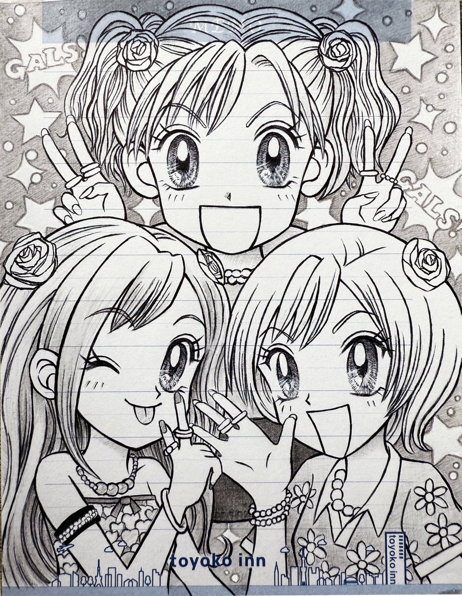 washinoebeya's tweet photo. 出張時に宿泊した東横インのメモ用紙（13cm×10cm）に描いた『GALS!』の蘭・美由・綾の3人組です✨

Drawn on a Toyoko Inn hotel memo pad (13x10cm)! Ran, Miyu, and Aya from "GALS!".
#GALS
#寿蘭
#星野綾
#山咲美由
#りぼん
#東横イン
#ToyokoInn
#手描き
#アナログ
#rkgk
#絵描きさんと繋がりたい https://t.co/8CMROT1rd4