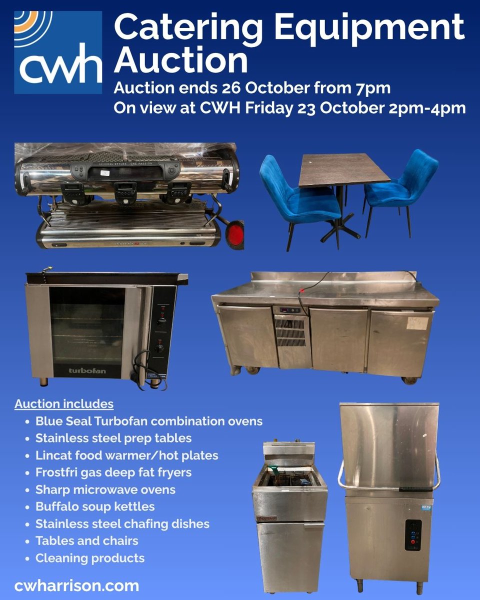 CWHAuctioneers's tweet photo. Catering Equipment Auction
Auction ends 26th October from 7pm.
#auction #ossett #CWHarrisonAndSon #CateringAuction #CateringEquipment #RestaurantEquipment #CafeEquipment #CommercialKitchen #CommercialOvens #CommercialRefrigeration #CoffeeMachines #OnlineAuction https://t.co/qEZRqS7lUk