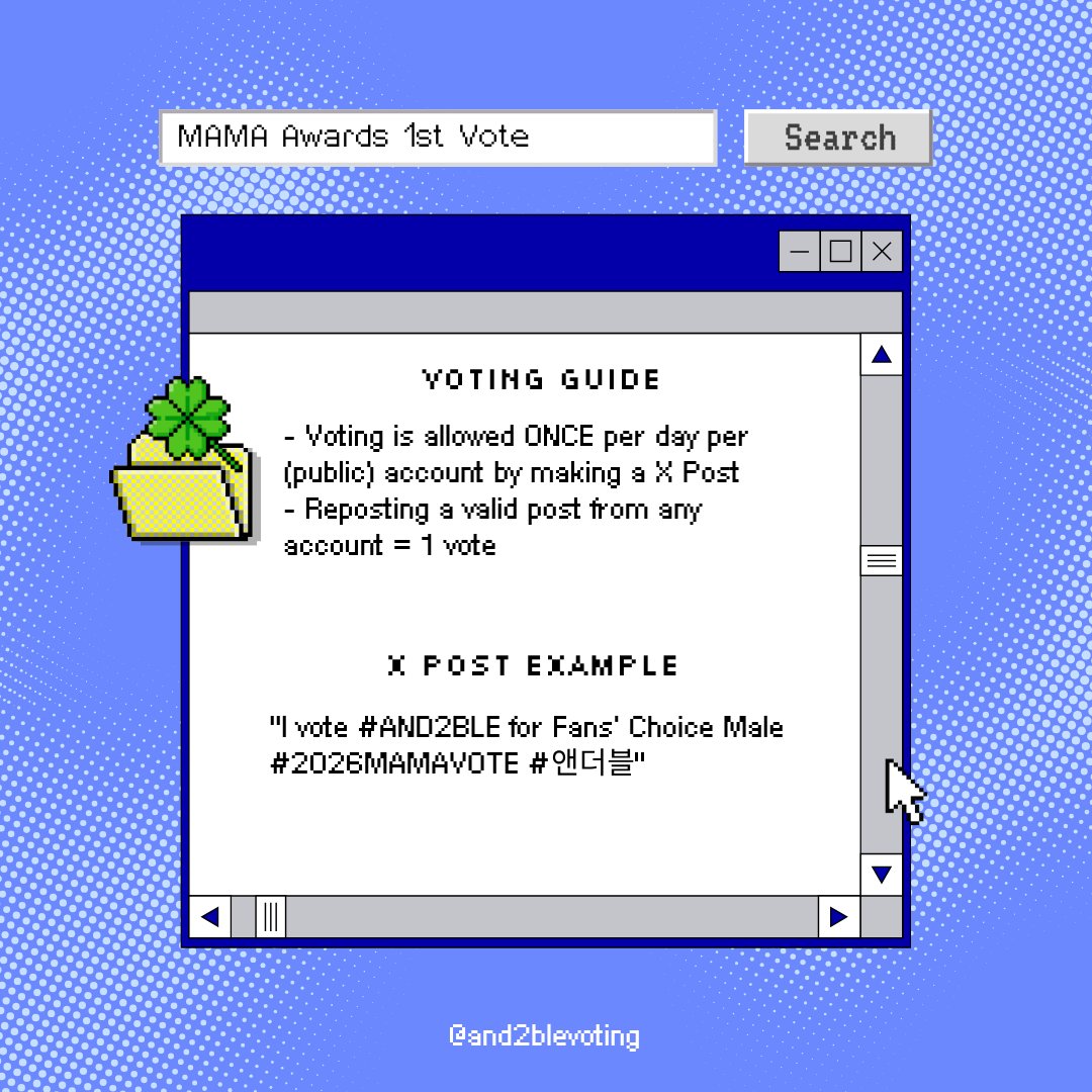 and2blevoting's tweet photo. [🗳] MAMA FANS’ CHOICE — DAILY REMINDER

N:DCLO! Let's keep working hard! 🌟

Let's do the following:
1. Repost this post, and reply with the following:
I vote #AND2BLE for Fans’ Choice Male #2026MAMAVOTE #앤더블
2. Repost other posts in the replies! 1 repost = 1 vote
**Be careful not to spam, as to avoid being flagged

DAILY TARGET
🎯 150 REPLIES, 300 RTS

Go, go, go! 🍀 https://t.co/DacGEJ8hGH