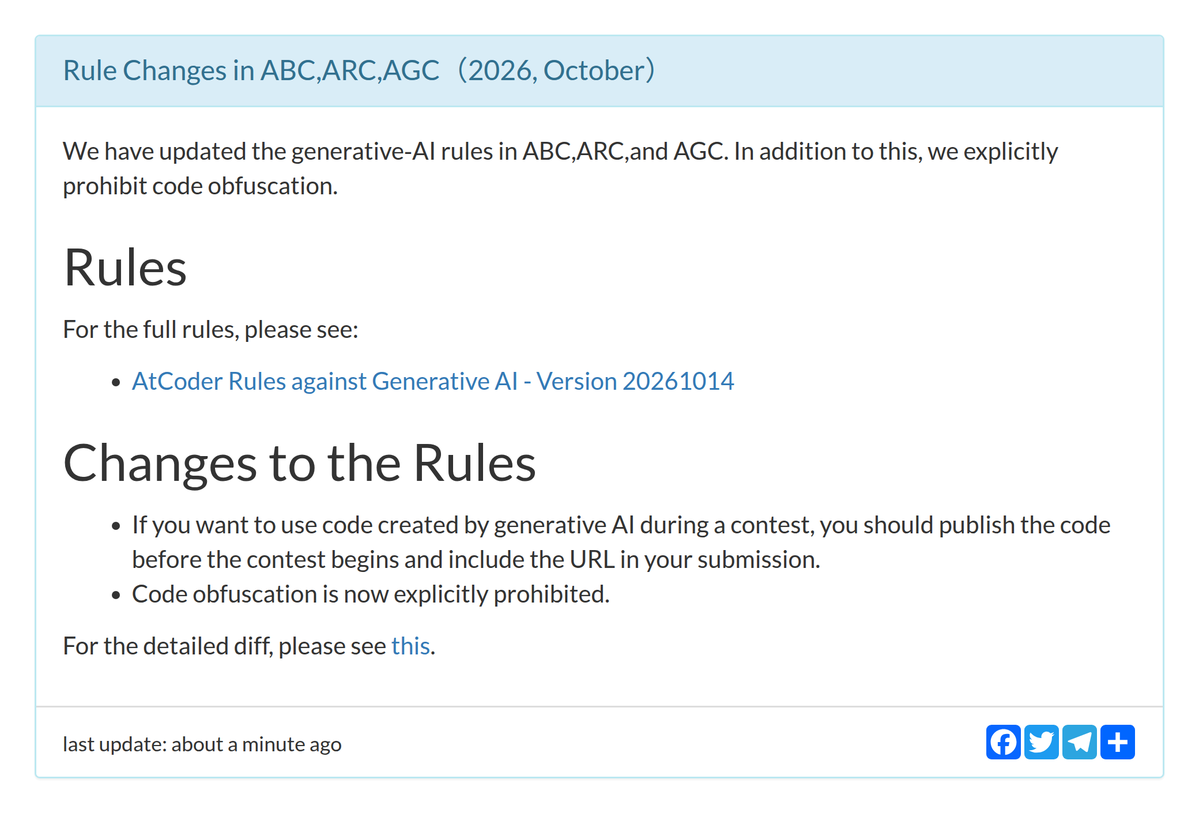 AtCoderInfoBot's tweet photo. お知らせが更新されました
Rule Changes in ABC,ARC,AGC（2026, October）
https://t.co/Zc27tt1v25 https://t.co/INQmGwYA4K