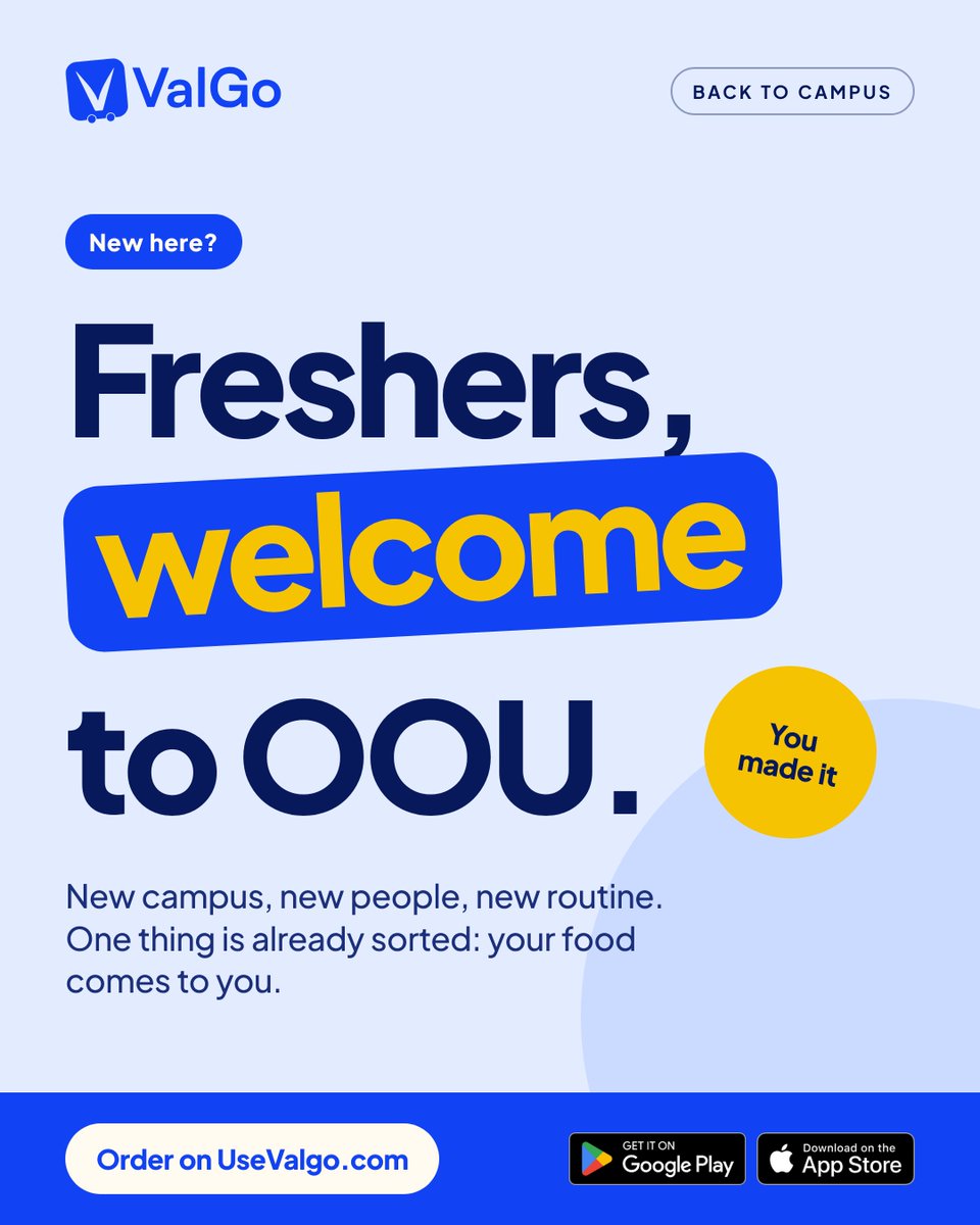 UseValgo's tweet photo. First off,Congratulations on making it to OOU,Trust me it was no easy feat🥂

New Campus,exciting memories waiting to happen.But guess what?
You don't have to worry about getting food.With ValGo,your favorite meals and groceries come to you.
Your journey just got easier 

#ValGo https://t.co/OSPKrEikfR