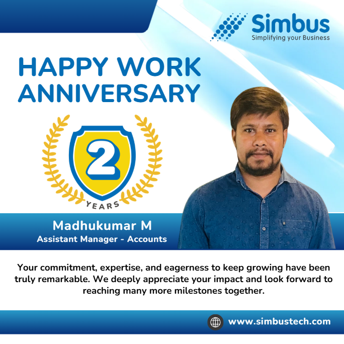 SimbusTech's tweet photo. Happy Work Anniversary, Madhu Kumar M!
Thank you for your hard work, dedication, and positive attitude. Your contributions make a real difference to our team and our clients.
Wishing you continued success and many more milestones ahead!

#WorkAnniversary #Congratulations #Simbus https://t.co/Tu75oq87OZ