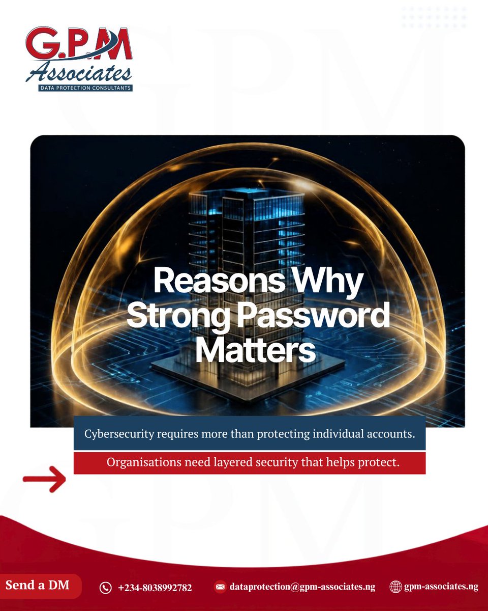GPM_DataProtect's tweet photo. Strong, unique passwords are one of the simplest ways to protect your accounts & data from unauthorized access. 🔐
Take a moment today to review your password security across all platforms!
Follow @GPMAssociates for more privacy tips.
#DataProtection #PrivacyTips #DataPrivacy https://t.co/rtJwAmjR55