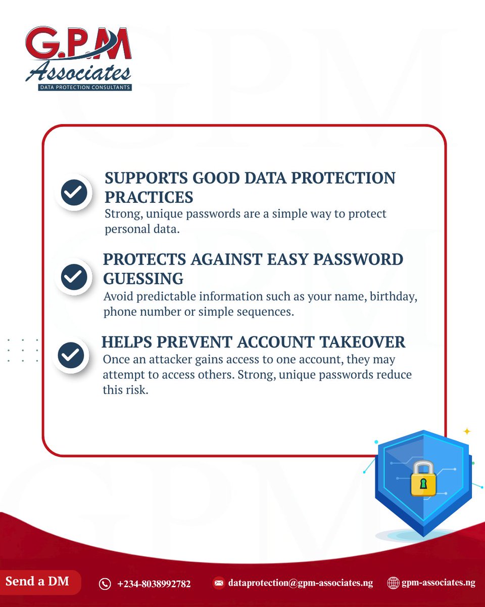 GPM_DataProtect's tweet photo. Strong, unique passwords are one of the simplest ways to protect your accounts & data from unauthorized access. 🔐
Take a moment today to review your password security across all platforms!
Follow @GPMAssociates for more privacy tips.
#DataProtection #PrivacyTips #DataPrivacy https://t.co/rtJwAmjR55