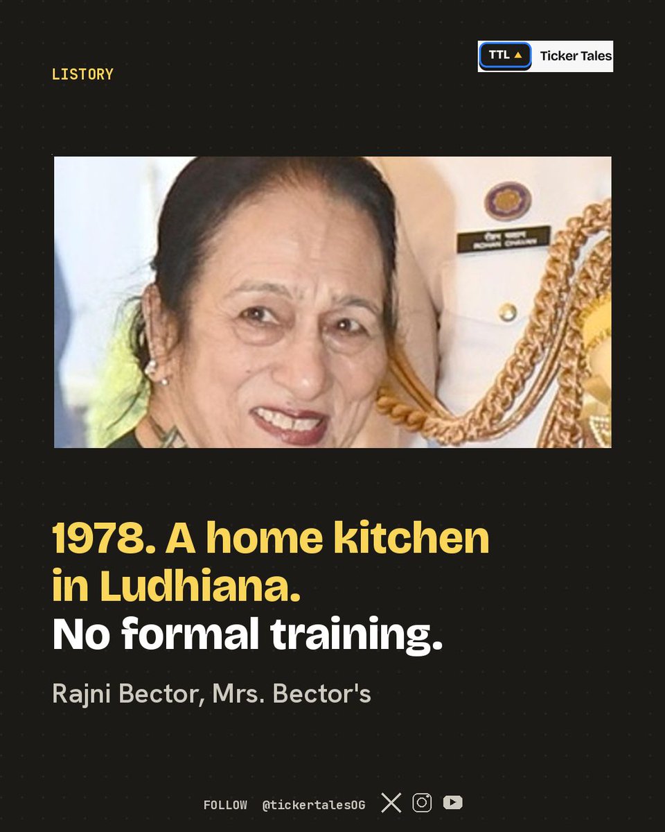 tickertalesOG's tweet photo. In 1978, Rajni Bector started baking in her home kitchen in Ludhiana. No formal training, no business plan.

Today her company makes Cremica and English Oven, and supplies bakery products you have likely eaten without knowing who made them.

https://t.co/Z6Nf0e10NE https://t.co/e13rUjY7Xj