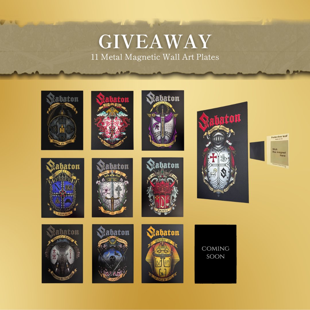 sabaton's tweet photo. GIVEAWAY – Enter now to celebrate a year of “Legends” 🏆⚔️
👉 https://t.co/MSFZumQnUs

It’s been one year since our 11th studio album “Legends” dropped, so to celebrate, we’re giving ONE LUCKY WINNER the chance to get their hands on something truly epic! 🔥 Up for grabs are 11 LIMITED metal magnetic wall art pieces – one for each legendary figure featured on the album!

How to enter? Just hit the link and complete as many actions as you can. The more you complete, the more chances you have to win. Good luck! 😉

🎁  BUNDLE CONTENTS (1 winner):
-1 x Limited Templars Metal Magnetic Wall Art
-1 x Limited Hordes Of Khan Magnetic Wall Art
-1 x Limited A Tiger Among Dragons Metal Magnetic Wall Art
-1 x Limited Crossing The Rubicon Metal Magnetic Wall Art
-1 x Limited I, Emperor Metal Magnetic Wall Art
-1 x Limited Maid Of Steel Metal Magnetic Wall Art
-1 x Limited Impaler Metal Magnetic Wall Art
-1 x Limited Lightning At The Gates Metal Magnetic Wall Art
-1 x Limited The Duelist Metal Magnetic Wall Art
-1 x Limited The Cycle Of Songs Metal Magnetic Wall Art
-1 x Limited Till Seger Metal Magnetic Wall Art (coming soon)

Giveaway will close at 09:00am CEST / 00:00am PT / 03:00am EDT on Saturday, October 17.
Winners will be announced on Wednesday, October 21.

PLEASE NOTE: The winners will be directly contacted via e-mail.
