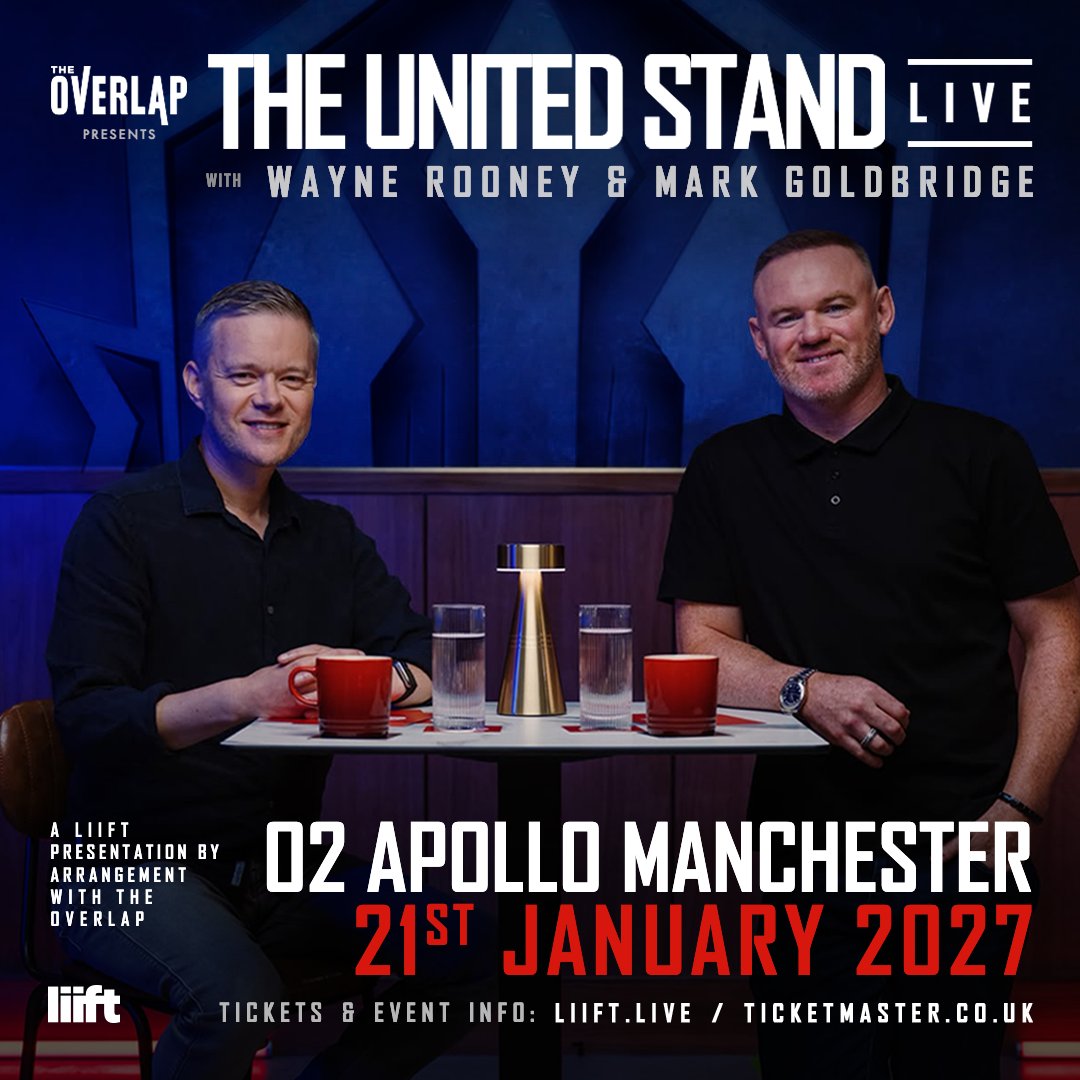 O2ApolloManc's tweet photo. NEW: @UnitedStandMUFC with @WayneRooney &amp; @markgoldbridge is coming to #O2ApolloManchester Thu 21 Jan! ⚽

Unlock early access with O2 Priority starting from 10 am Fri 16 Oct! https://t.co/iiVoVnJljI https://t.co/ipXDMAmgjT