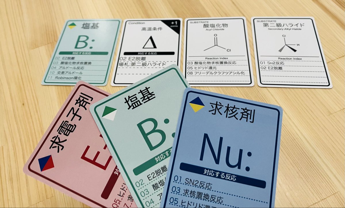 T2Br_ted's tweet photo. @halnanndesu 自薦失礼します

有機化学の「反応」を役にして
相手の役を読み、自分の役を隠す
テキサスホールデムライクな
心理戦カードゲームJACKSです！

有機化学の知識なくても大丈夫！
楽しめるようデザインしています

L026 1日目　チームしまねで販売します
3–4人／20分　2500円
#ゲームマーケット2026秋 https://t.co/JBuHWJ0VpG