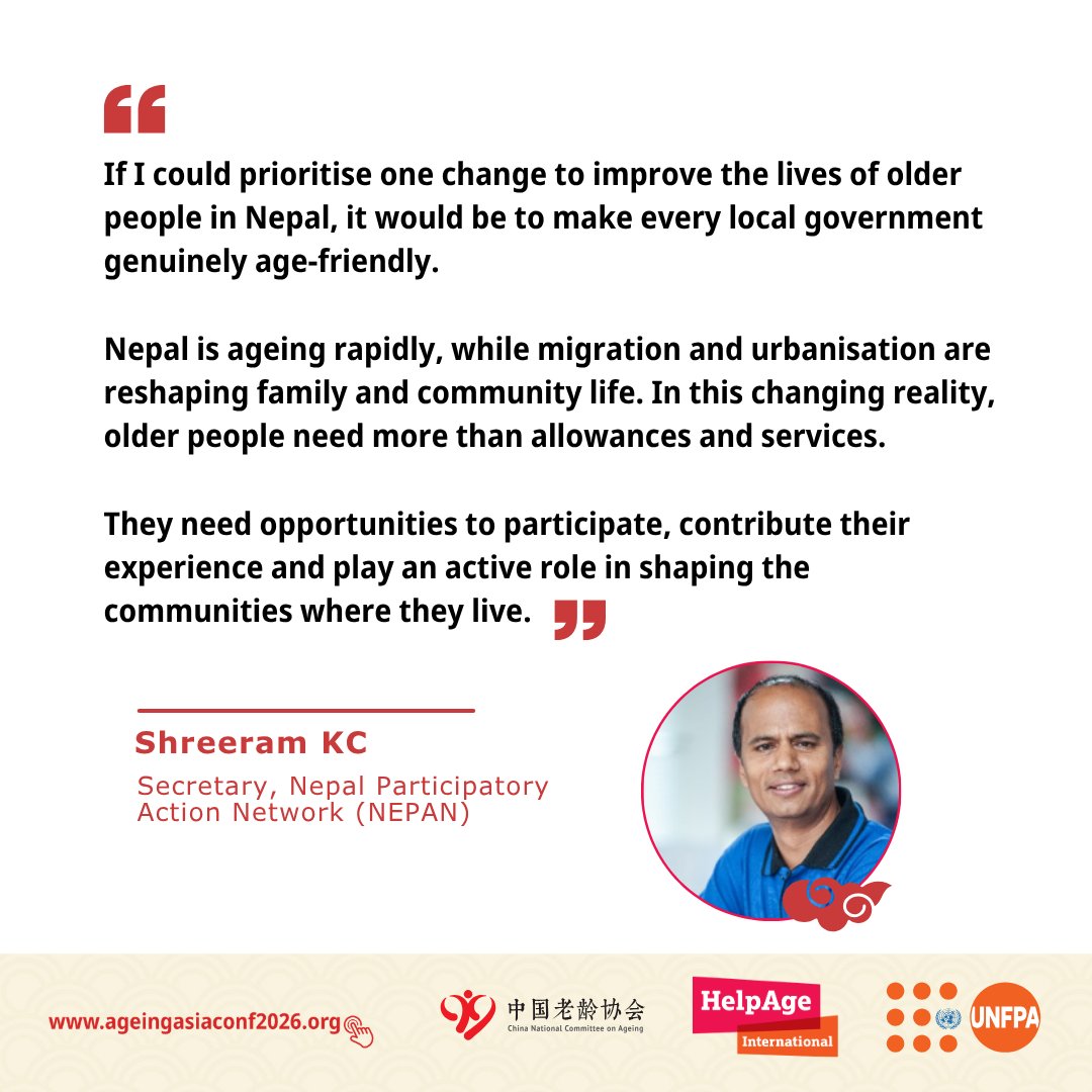 HelpAge's tweet photo. What change could most improve the lives of older people in your country?

Ahead of the Asia-Pacific Regional Conference on Population Ageing, NEPAN (Nepal Participatory Action Network) shares its perspective. https://t.co/SJV0ugqW43