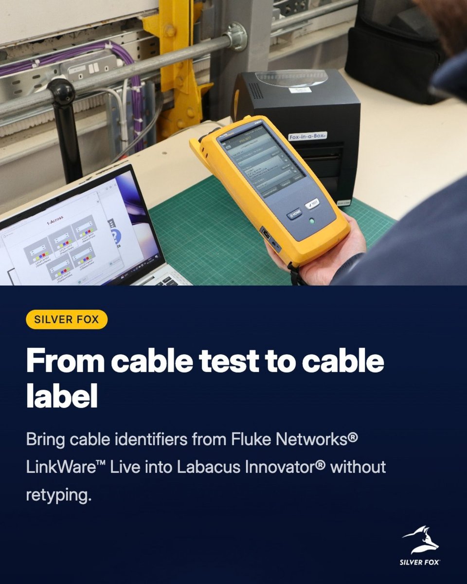SilverFox's tweet photo. Retyping certified cable IDs? Labacus Innovator® software at Advanced and Professional levels can import them from Fluke Networks® LinkWare™ Live. Review or edit the IDs before preparing labels. https://t.co/ccMVoCr8Ji