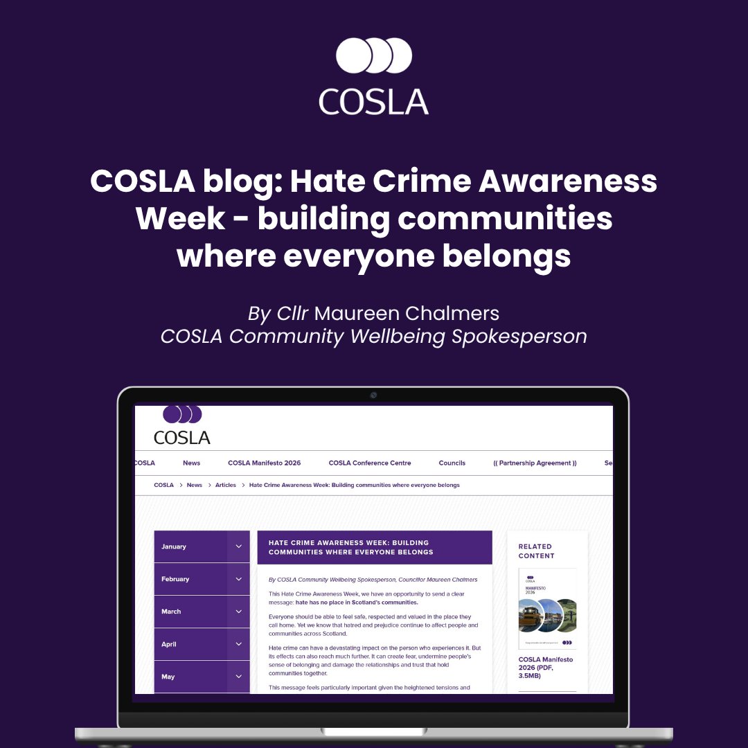 COSLA's tweet photo. Hate crime has no place in Scotland's communities. This #HateCrimeAwarenessWeek, read our latest blog on the importance of tackling prejudice, supporting community cohesion and building places where everyone belongs.

🔗 https://t.co/BjDEz01nzr https://t.co/aI5lUThZrj