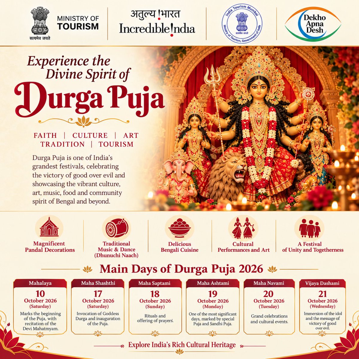 IndiatourismM's tweet photo. 🌺 Celebrate Durga Puja 2026, a vibrant festival of faith, culture, and tradition, showcasing Bengal’s rich heritage and the triumph of good over evil! 🙏✨
#DurgaPuja2026 #IncredibleIndia #DekhoApnaDesh #IndiaTourismMumbai https://t.co/mWsqFO1FnF