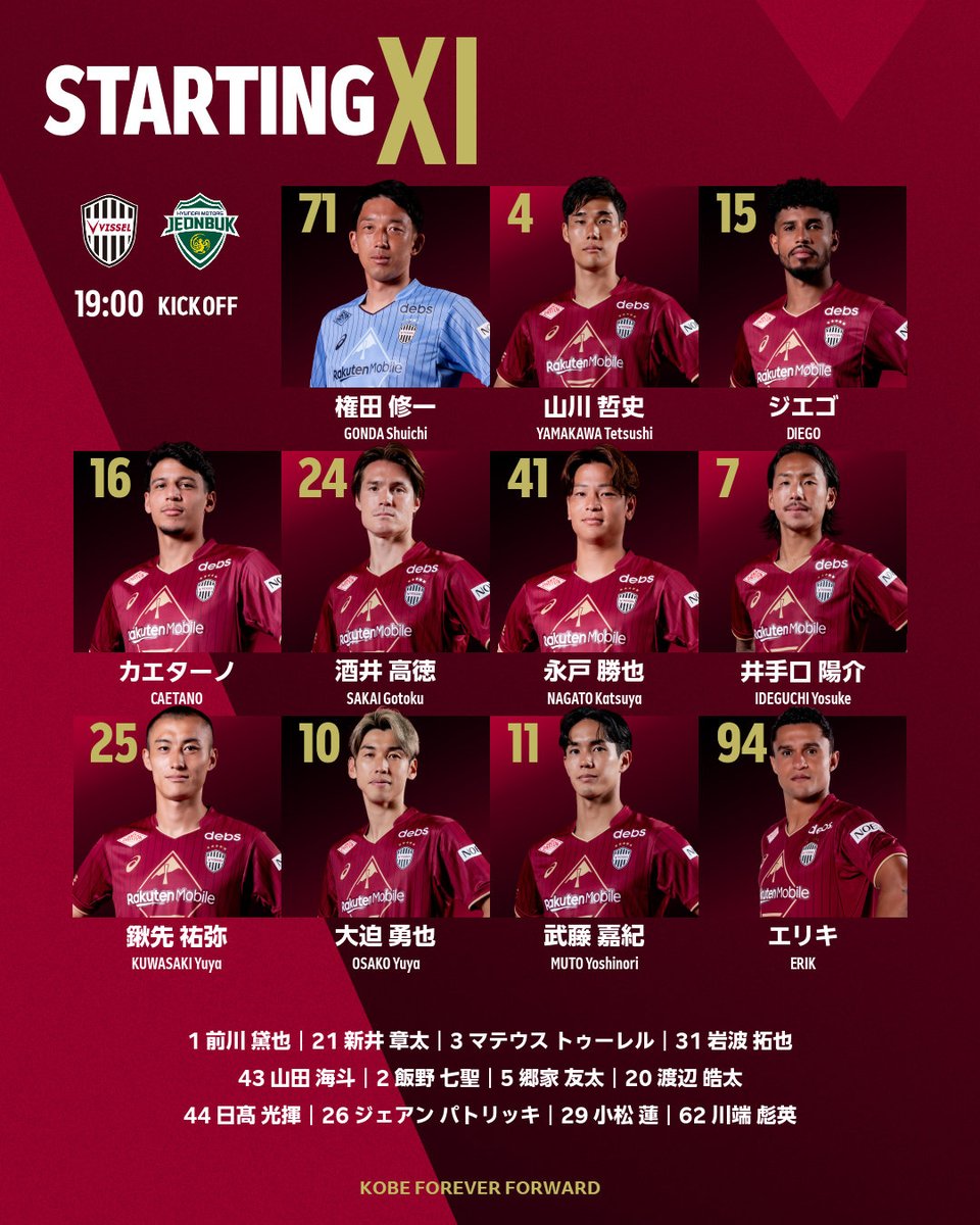 visselkobe's tweet photo. [LINEUP] 

今日はこのメンバーで全北現代モータースと戦います！

Here is today's starting lineup against JEONBUK HYUNDAI MOTORS FC !

試合中継は @DAZN_JPN 📺
視聴は⏩https://t.co/zK724Kp2FE

#visselkobe #ヴィッセル神戸 #ACLElite
#アジアの頂点へトモニイコウ https://t.co/N9F0FeQpnY