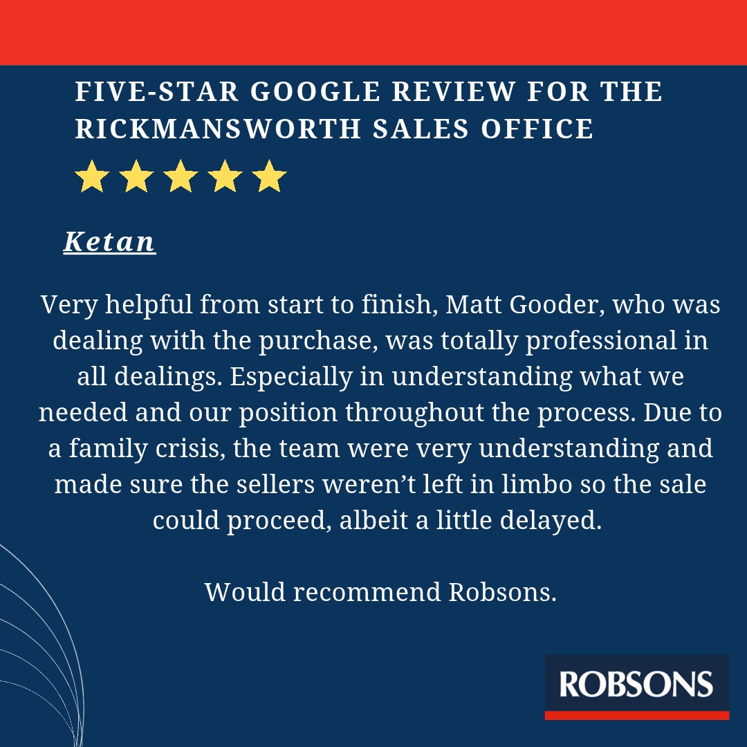 RobsonsWeb's tweet photo. ⭐ More 5-Star feedback for our #Rickmansworth team!

A big thank you to our clients for their fantastic #reviews, recognising Matt and Amy for their support. 🏡

Thank you for choosing Robsons!

Buying or selling? Contact our Team here... https://t.co/Wv8eGIYCy0

#PropertySales https://t.co/EHJd3DadYX