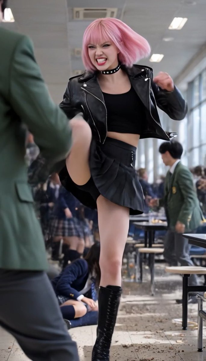 A person with pink hair wearing a black leather jacket, crop top, and pleated skirt kicks high in what looks like a chaotic cafeteria scene with other people around.