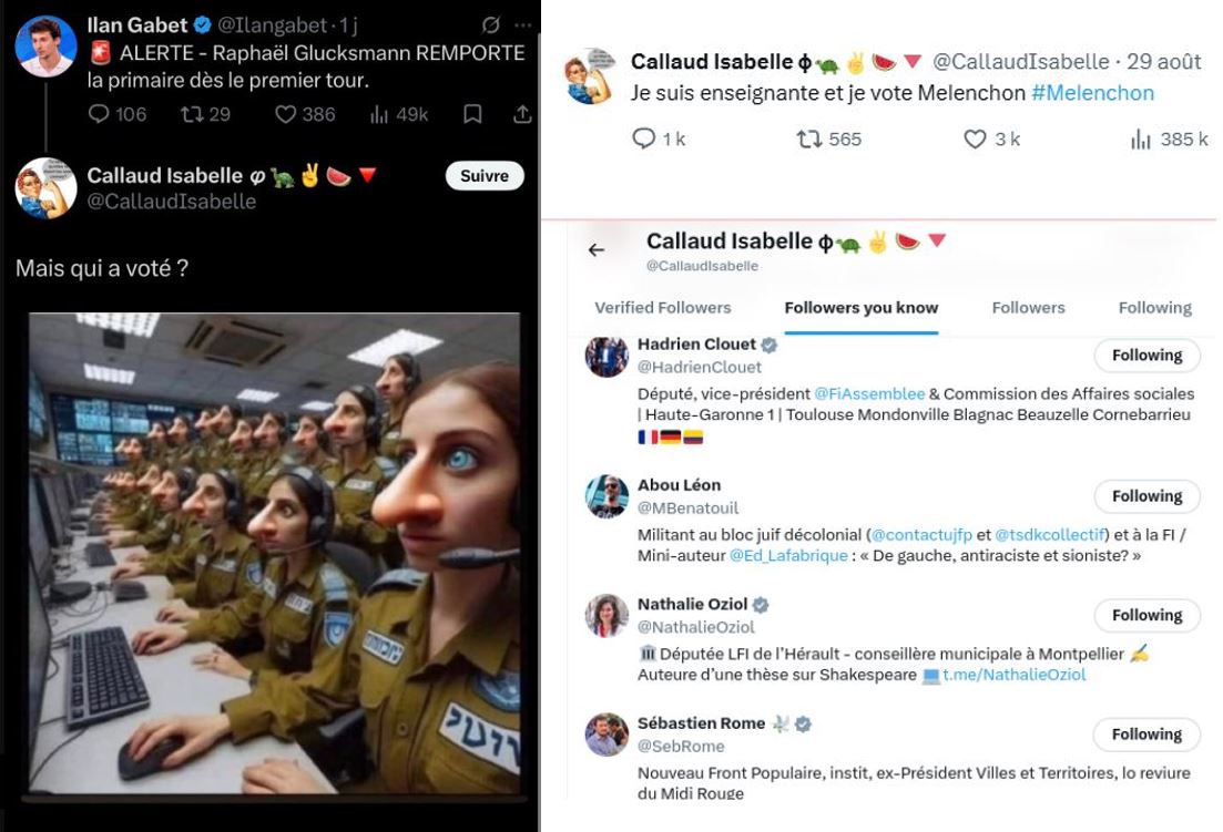 lucas_jaku's tweet photo. 🔻LFI a 0 problème avec l'antisémitisme : épisode 895.

1. Isabelle Richard Callaud, gros compte, pas anonyme réagit à la victoire de Glucksmann.

2. Elle se vante vote de voter Mélenchon, relaie la com de LFI.

3. Elle est suivie par des députés LFI. Et Tsedek🤪 https://t.co/4qN2pxafm6