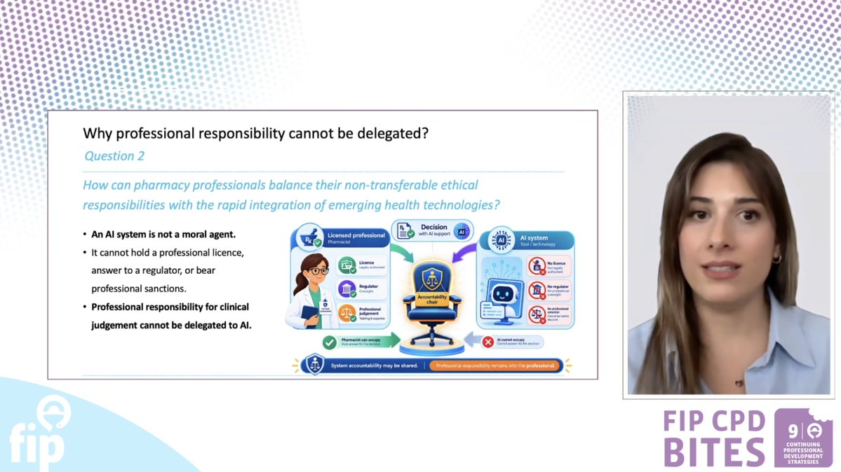 FIP_org's tweet photo. When AI informs a clinical decision, where does professional responsibility lie? Watch FIP’s new CPD Bite shared today, which explores ethics and professionalism  in self-care models supported by pharmacists: https://t.co/EdiZsUeKfc https://t.co/gkWpOz81L6