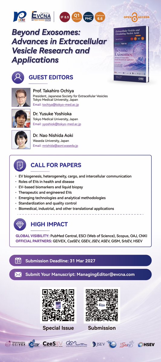 JSEV5's tweet photo. Call for Papers | EVCNA Special Issue
Beyond Exosomes: Advances in Extracellular Vesicle Research and Application
🎁Special APC benefits for APSEV2026/JSEV2026 participants, including online attendees!
https://t.co/AdyrdQfnHH
#APSEV #JSEV #EVCNA #Exosome https://t.co/fqJVr5PlJi