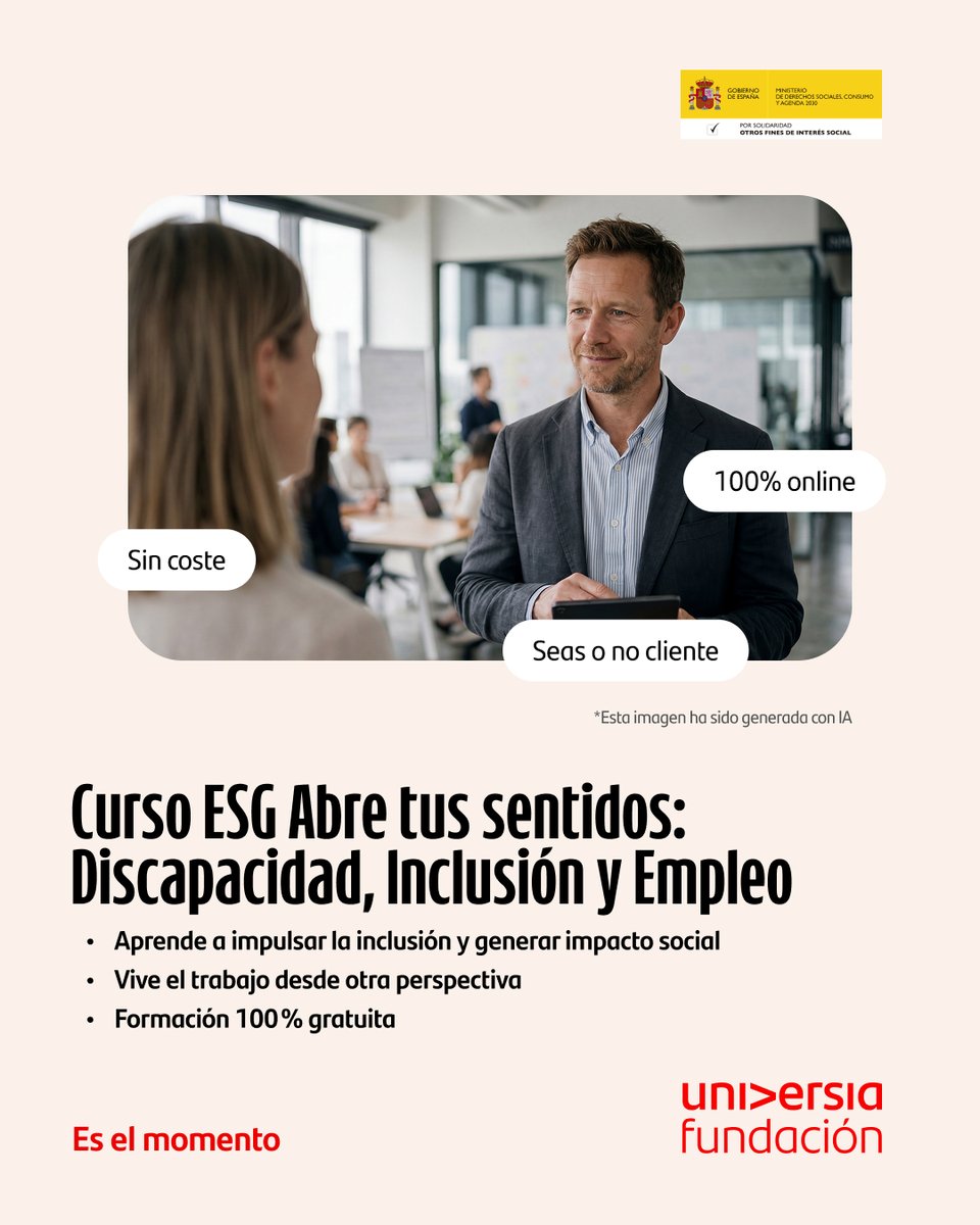 FUniversia's tweet photo. ¿Quieres transformar tu entorno laboral en un espacio más justo, accesible y sostenible?

Con nuestro Curso ESG Abre tus sentidos: Discapacidad, Inclusión y Empleo, aprenderás a aplicar criterios ESG, marcos internacionales y estrategias prácticas para promover la inclusión desde la acción. Además, vivirás una experiencia inmersiva única que te permitirá sentir la inclusión en primera persona.

🌱 ¡Inscríbete ahora y marca la diferencia! https://t.co/z1sujbJ1Jv