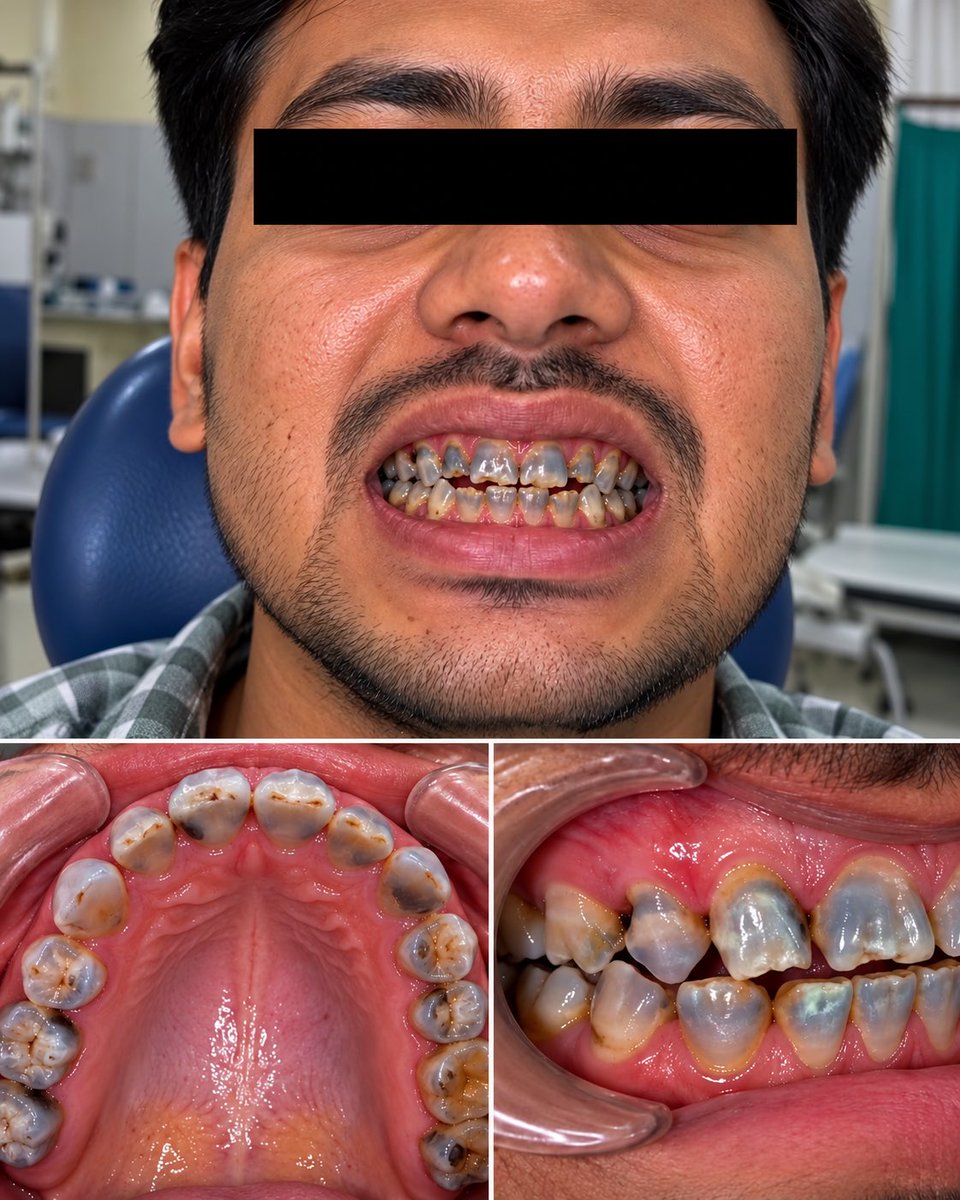 dental_updates's tweet photo. A 27-year-old patient presents with progressive yellow-brown discoloration of multiple teeth since childhood. CE reveals diffuse enamel opacities, mottled gray-brown pigmentation, surface irregularities, and localized enamel breakdown involving both anterior and posterior teeth. https://t.co/6jUHiCipBv